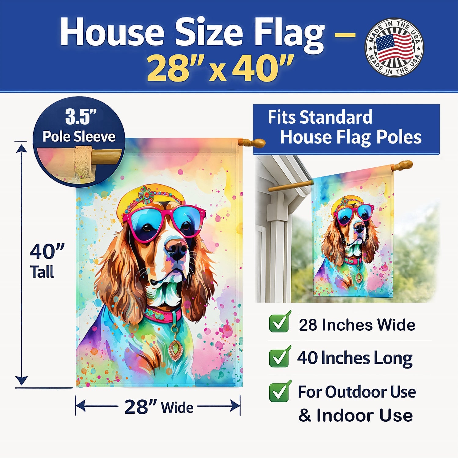 Cavalier Spaniel Hippie Dawg House Flag 28x40 Porch Sleeve Pole Decorative Outside Yard Banner Artwork Wall Hanging, Polyester