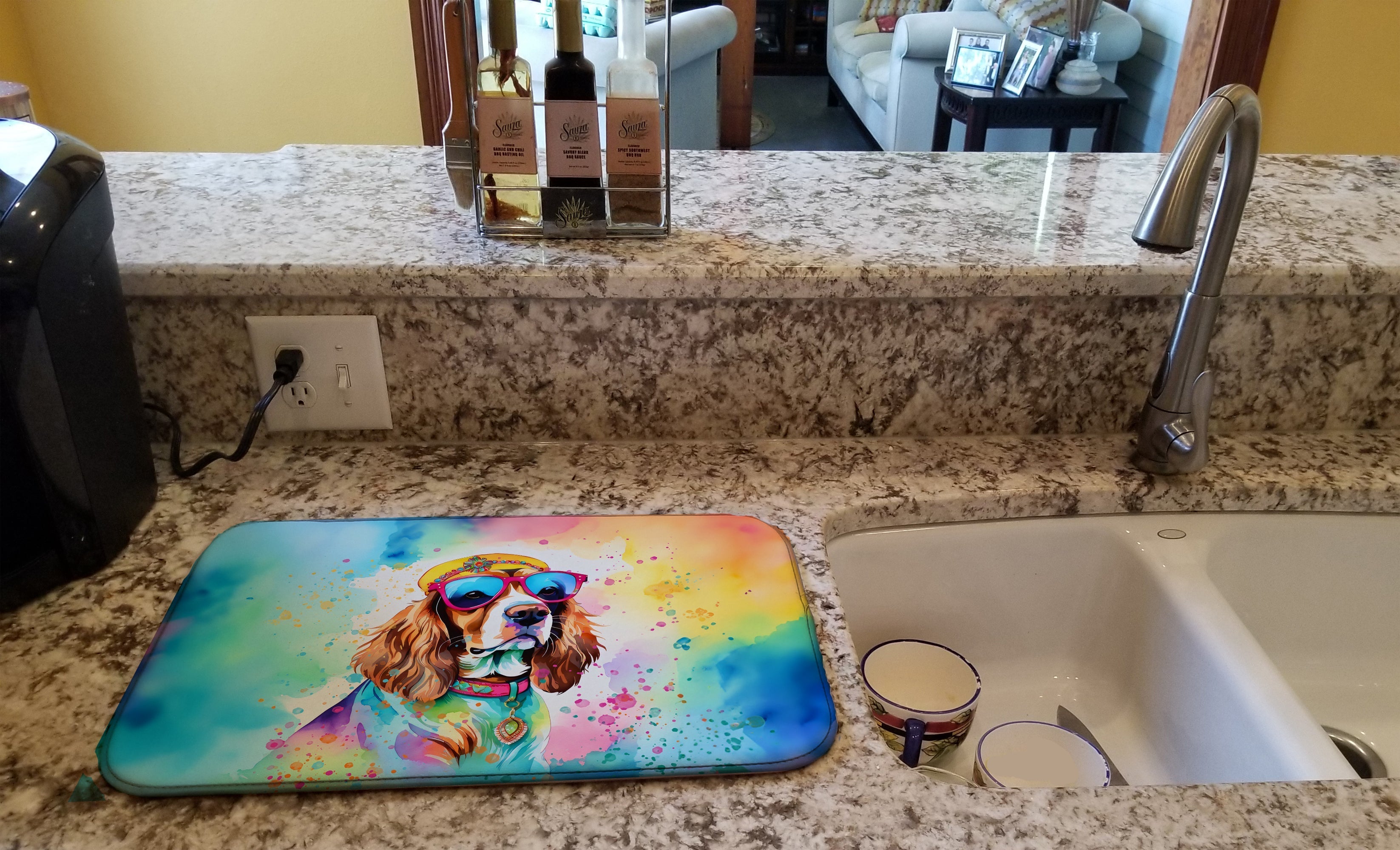 Cavalier Spaniel Hippie Dawg Dish Drying Mat Absorbent Dish Drying Mat Pad for Kitchen Counter Dish Drainer Mat for Countertop, 14 x 21", Multicolor