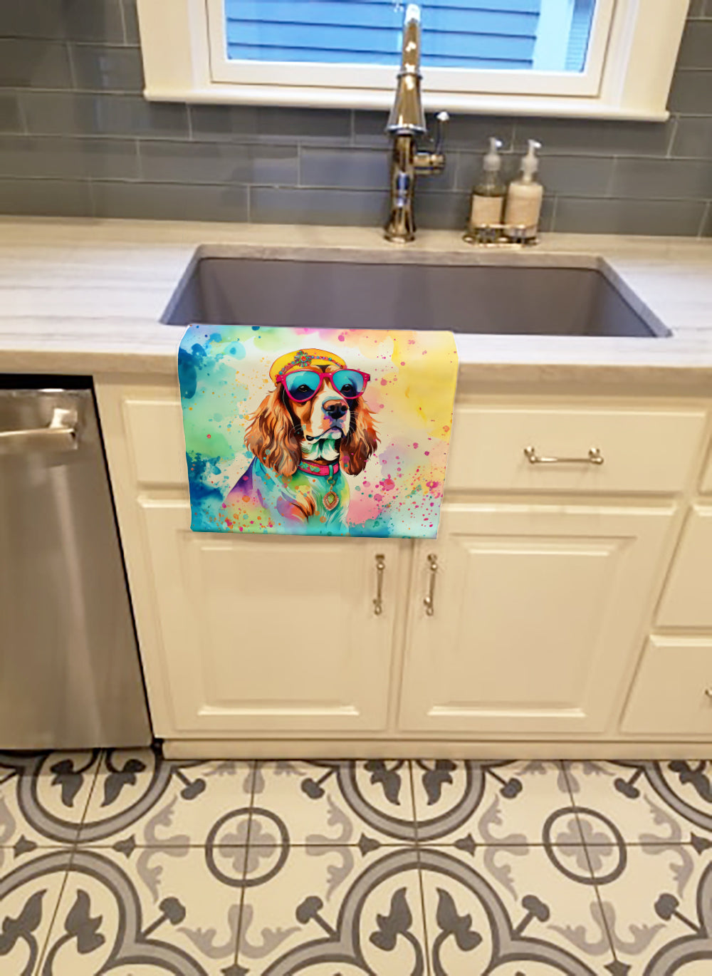 Cavalier Spaniel Hippie Dawg Kitchen Towel Velour Plush Front and Cotton Loop Back Machine Washable