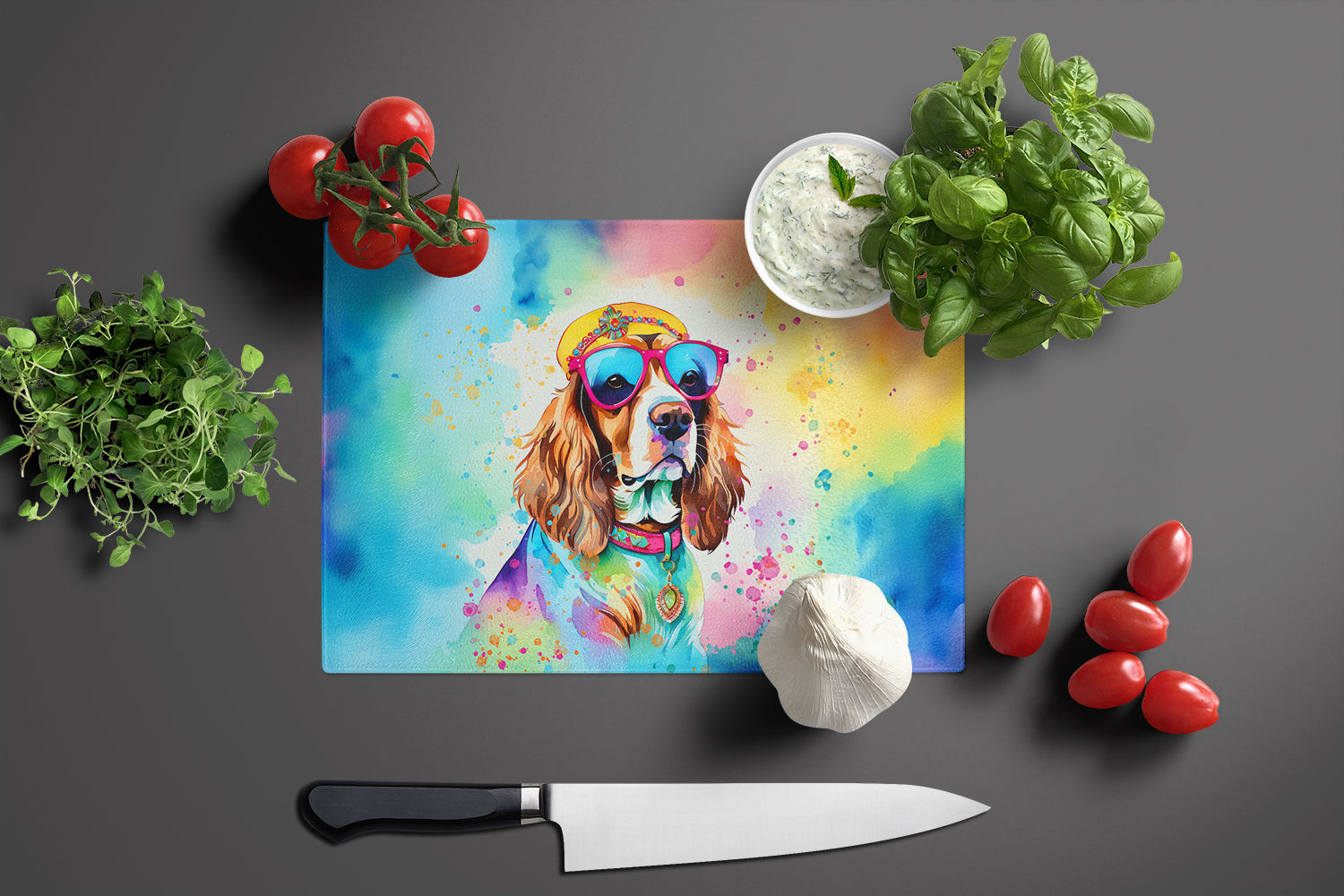 Cavalier Spaniel Hippie Dawg Cutting Board Tempered Glass Kitchen Cutting Surface, Heat Resistant Chopping, Non-Slip Feet, Food Prep & Serving