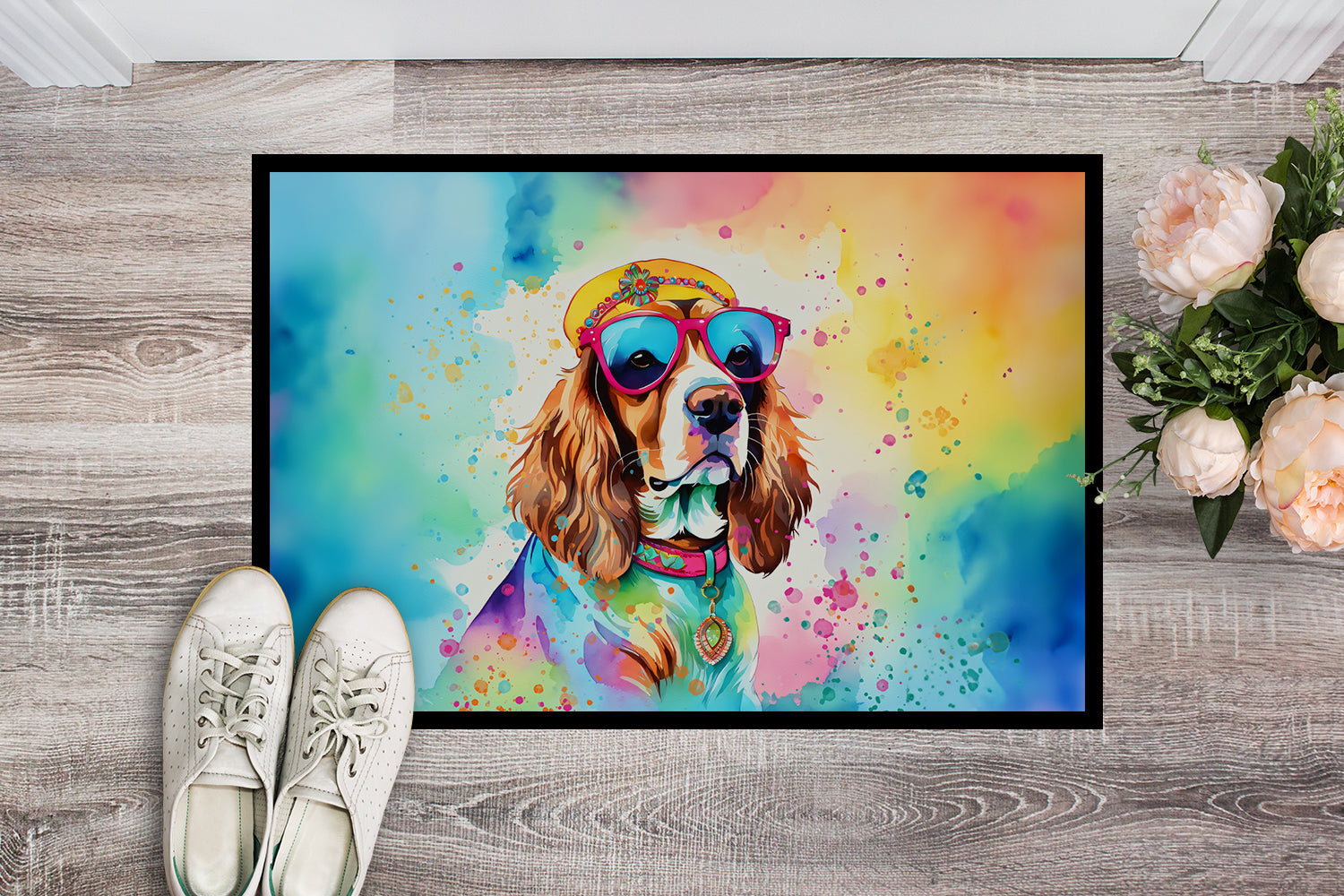 Cavalier Spaniel Hippie Dawg Doormat Indoor Outdoor 18H X 27W Front Door Mat Rugs for Entryway, Non Slip Washable