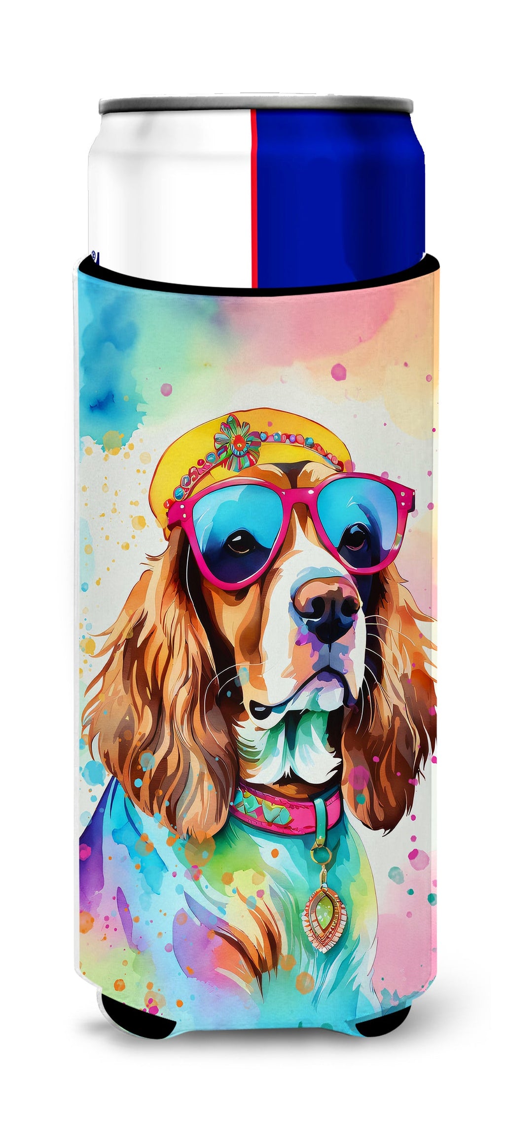 Cavalier Spaniel Hippie Dawg Slim Can Hugger , Insulated Foam Hugger for 12 oz Slim Cans, Beer Bottles & Water Bottles, Printed in USA