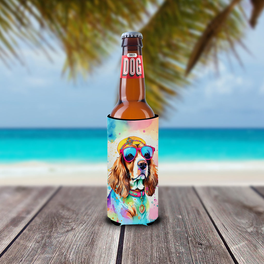 Cavalier Spaniel Hippie Dawg Slim Can Hugger , Insulated Foam Hugger for 12 oz Slim Cans, Beer Bottles & Water Bottles, Printed in USA
