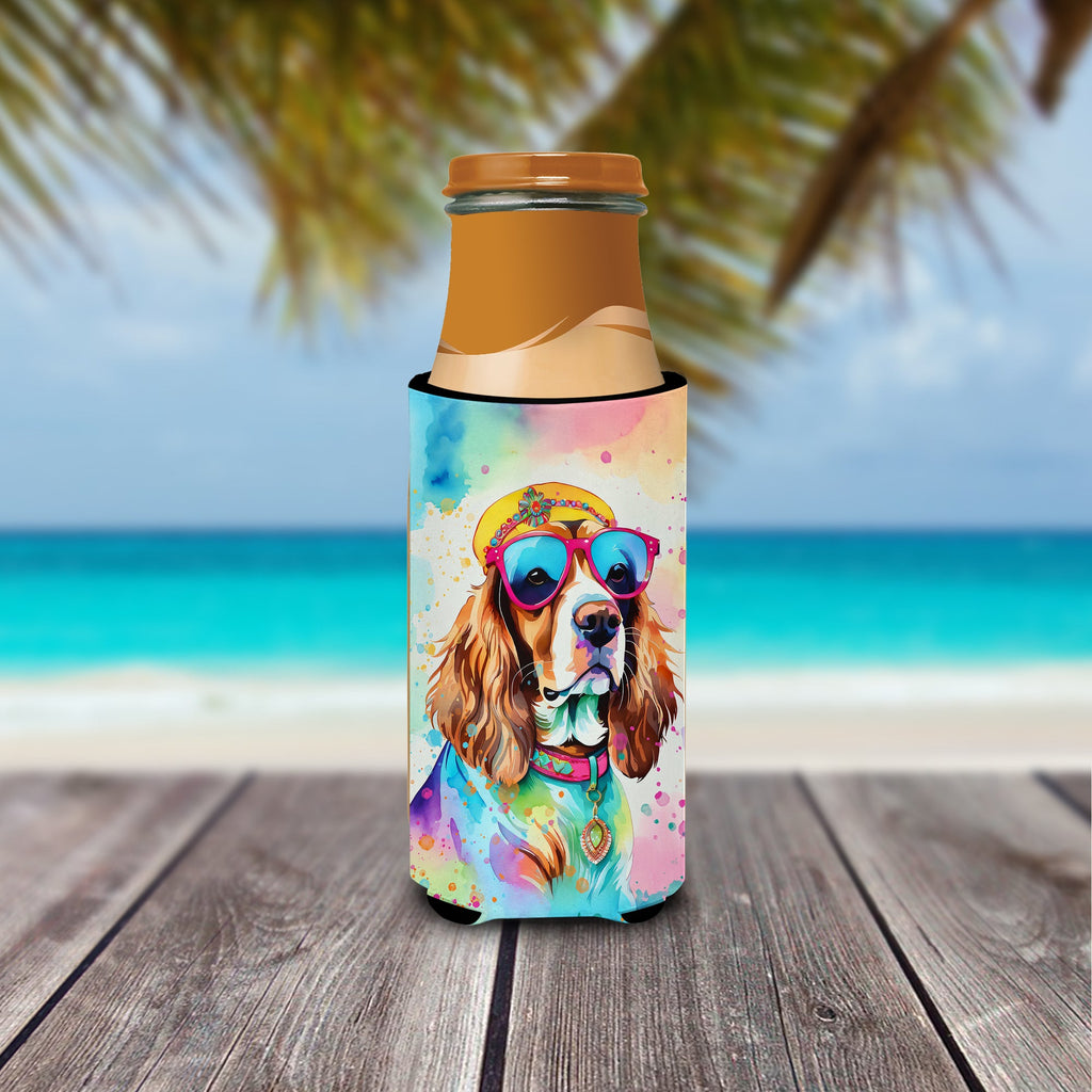 Cavalier Spaniel Hippie Dawg Slim Can Hugger , Insulated Foam Hugger for 12 oz Slim Cans, Beer Bottles & Water Bottles, Printed in USA