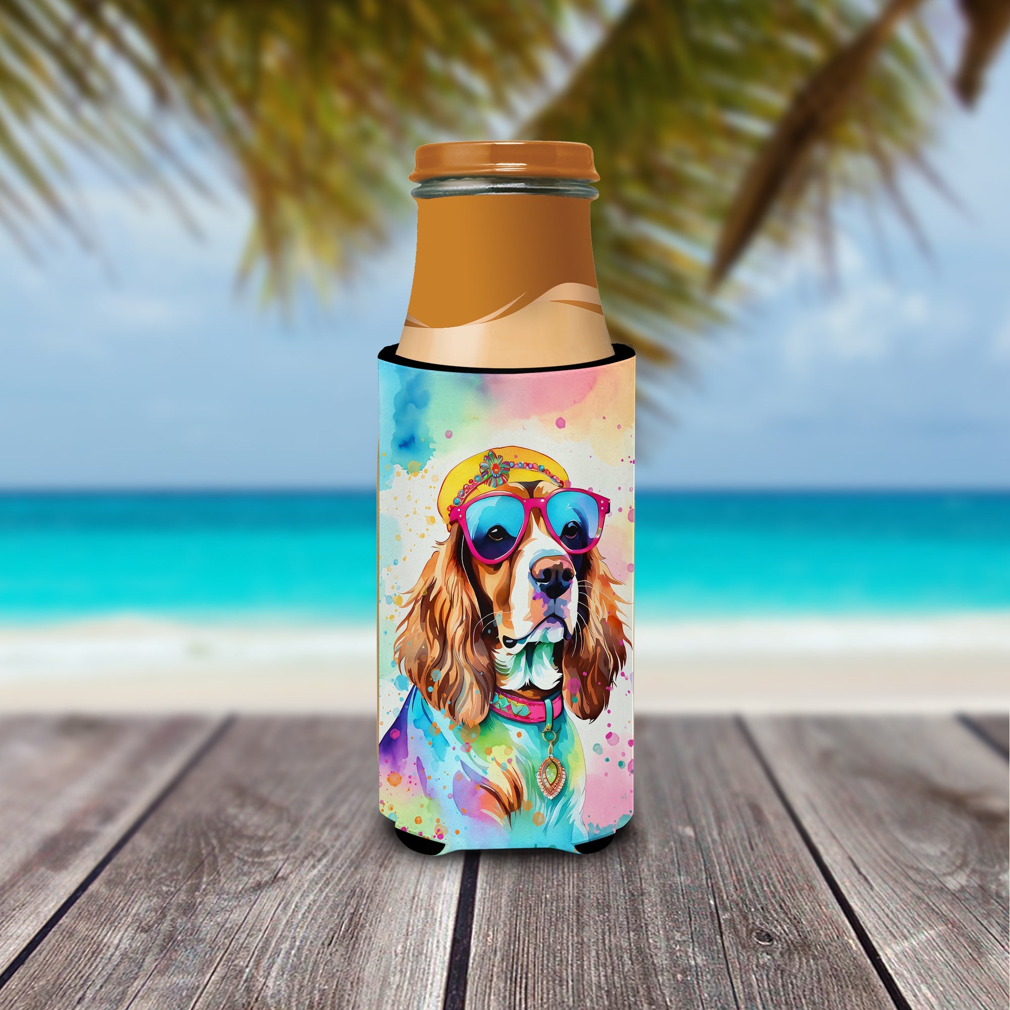 Cavalier Spaniel Hippie Dawg Slim Can Hugger , Insulated Foam Hugger for 12 oz Slim Cans, Beer Bottles & Water Bottles, Printed in USA