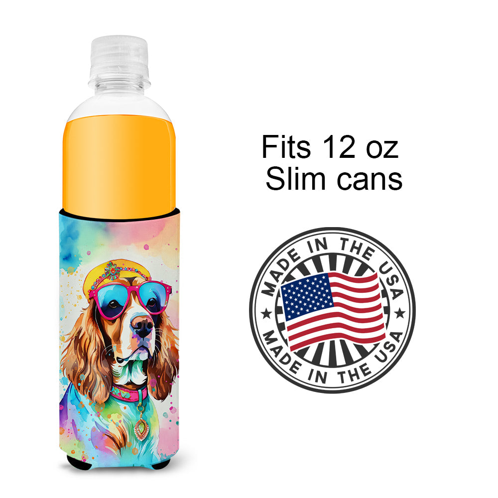Cavalier Spaniel Hippie Dawg Slim Can Hugger , Insulated Foam Hugger for 12 oz Slim Cans, Beer Bottles & Water Bottles, Printed in USA
