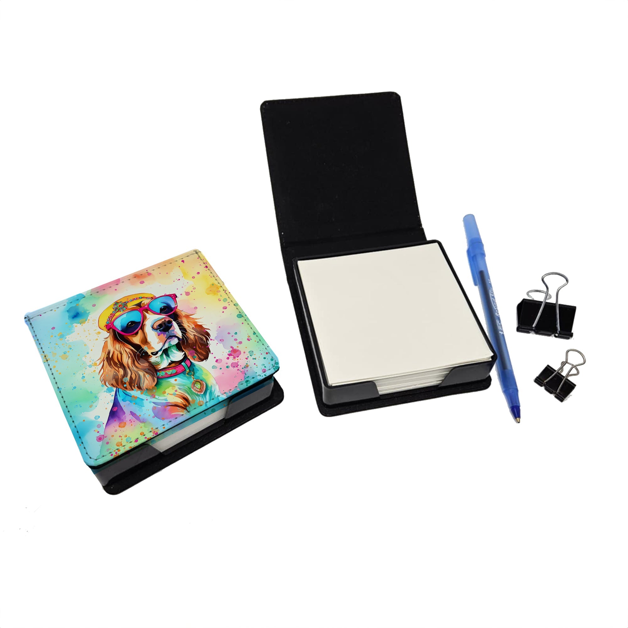 Cavalier Spaniel Hippie Dawg PU Leather Note Paper Holder with Artist-Designed Cover, Desk Accessory, Office Gift