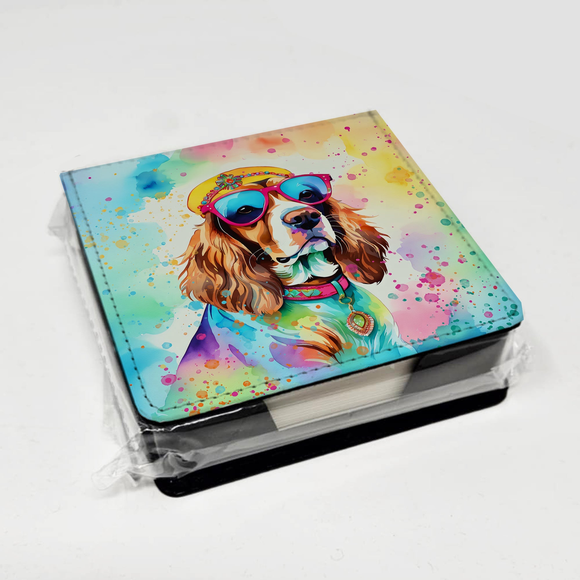 Cavalier Spaniel Hippie Dawg PU Leather Note Paper Holder with Artist-Designed Cover, Desk Accessory, Office Gift