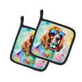 Cavalier Spaniel Hippie Dawg Pot Holder Set of 2 Heat Resistant Quilted Hot Pads 7.5 x 7.5 Inch, Insulated Kitchen Trivets for Cooking & Baking