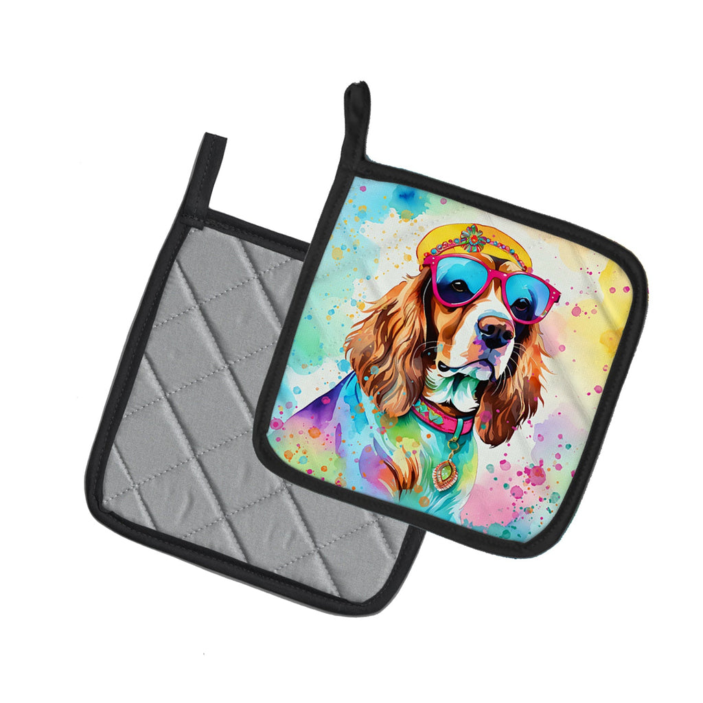 Cavalier Spaniel Hippie Dawg Pot Holder Set of 2 Heat Resistant Quilted Hot Pads 7.5 x 7.5 Inch, Insulated Kitchen Trivets for Cooking & Baking