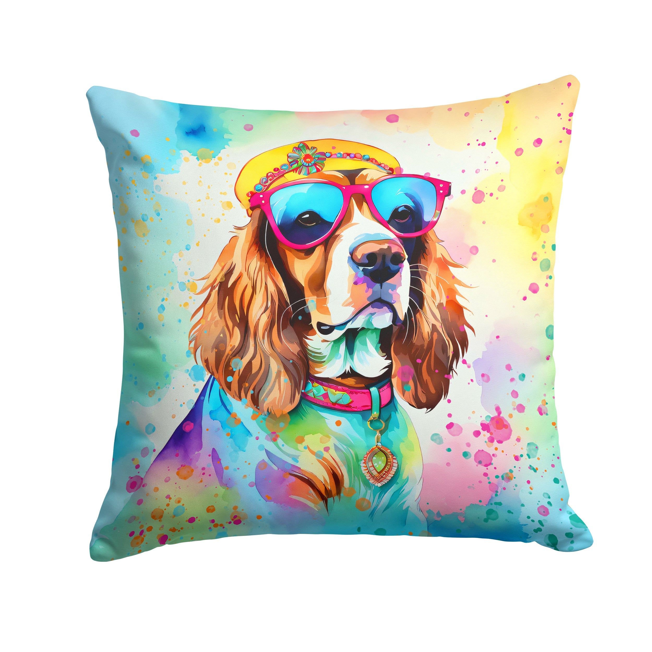 Cavalier Spaniel Hippie Dawg Decorative Throw Pillow 14x14 Indoor Outdoor Accent Cushion, Fabric Cover with Insert for Sofa, Bed, Porch & Living Room