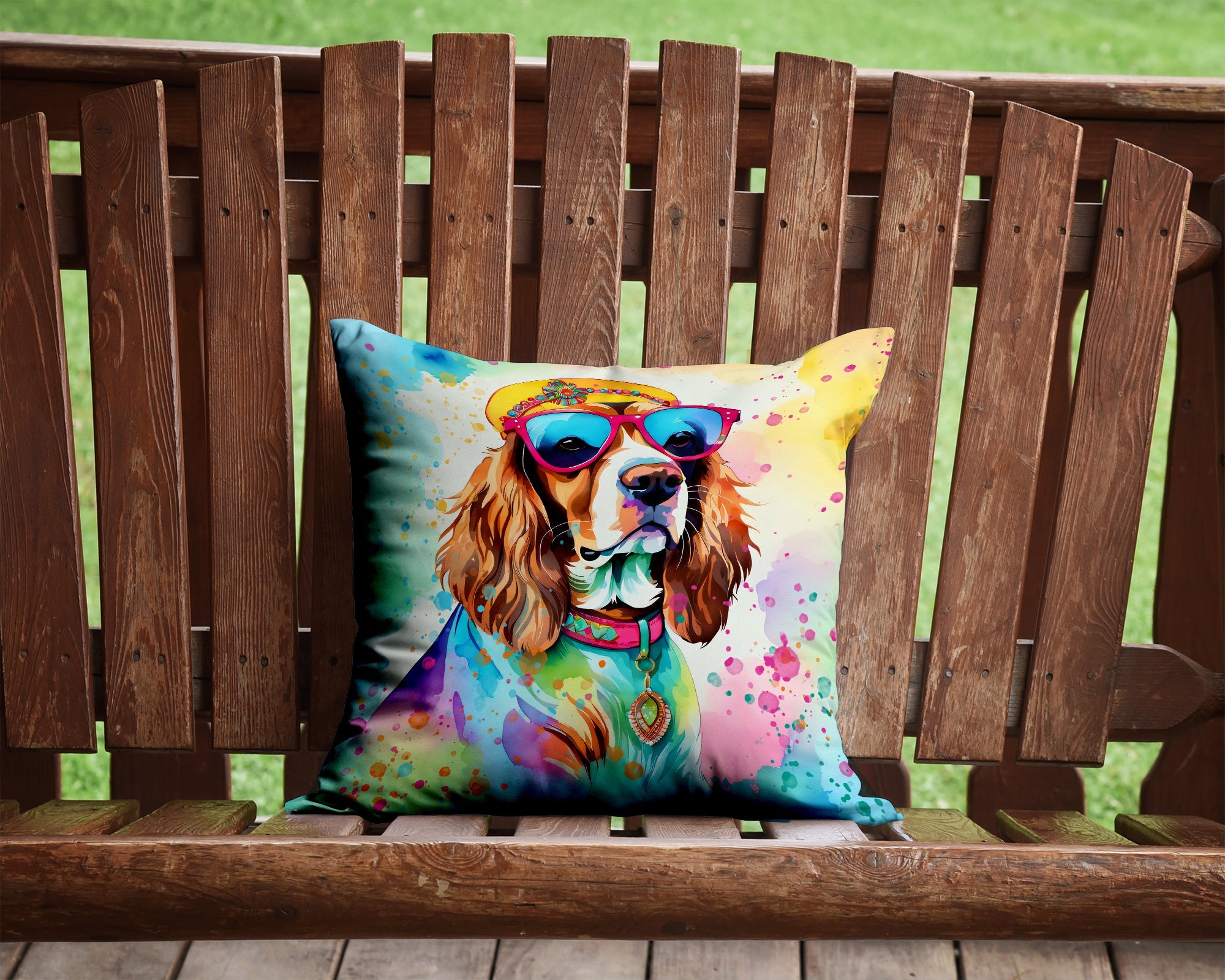 Cavalier Spaniel Hippie Dawg Decorative Throw Pillow 14x14 Indoor Outdoor Accent Cushion, Fabric Cover with Insert for Sofa, Bed, Porch & Living Room