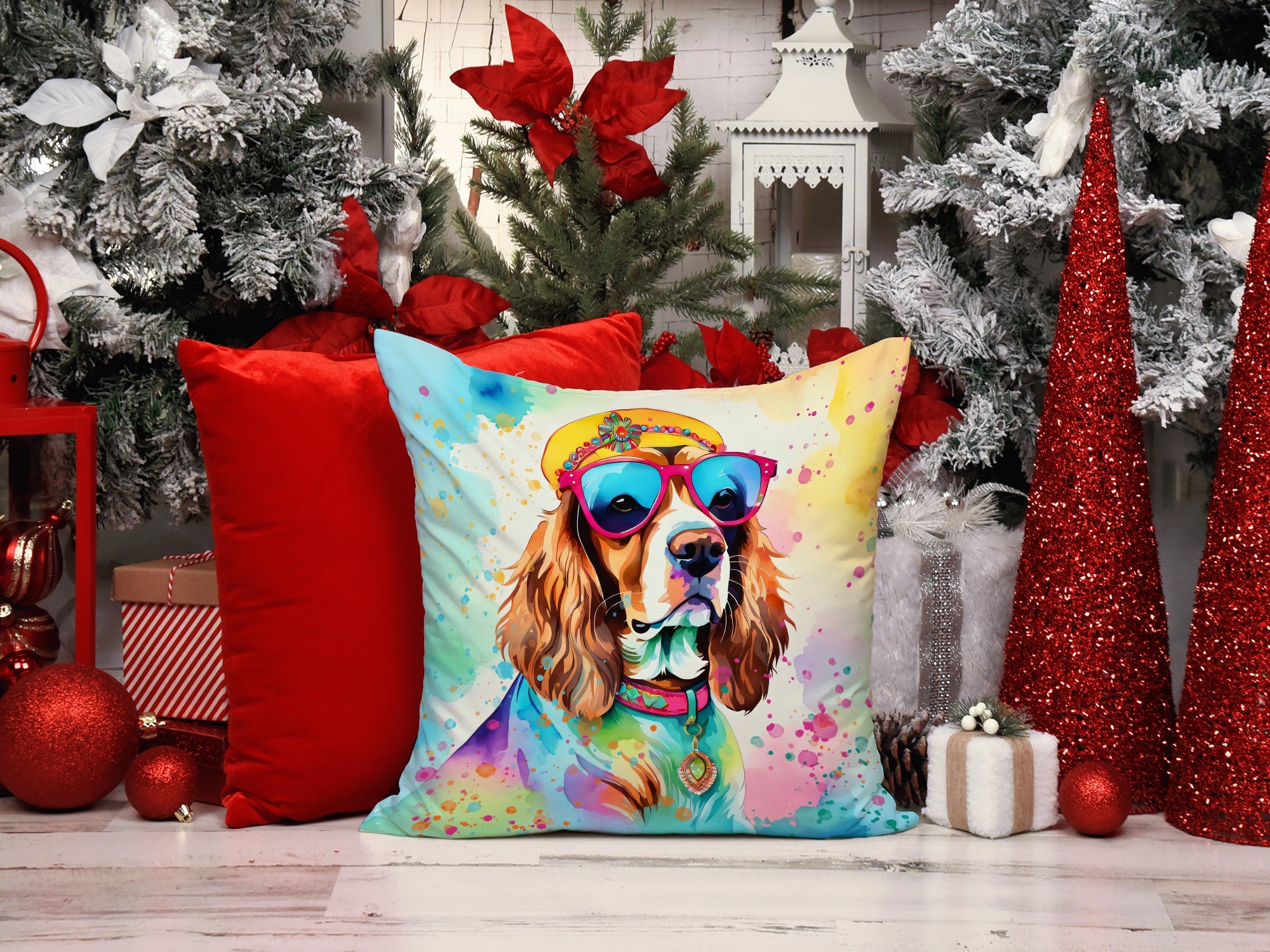 Cavalier Spaniel Hippie Dawg Decorative Throw Pillow 18x18 Indoor Outdoor Accent Cushion, Fabric Cover with Insert for Sofa, Bed, Porch & Living Room