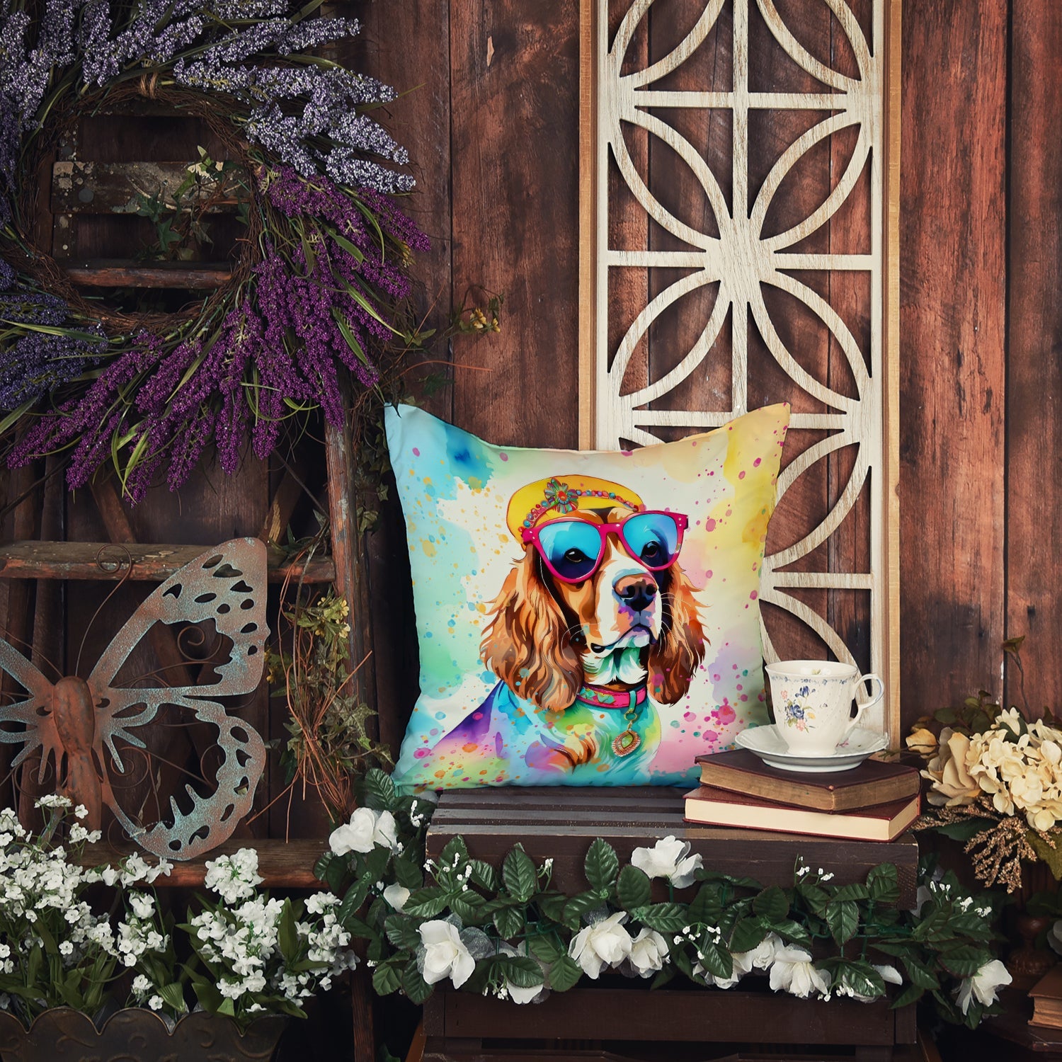 Cavalier Spaniel Hippie Dawg Decorative Throw Pillow 18x18 Indoor Outdoor Accent Cushion, Fabric Cover with Insert for Sofa, Bed, Porch & Living Room