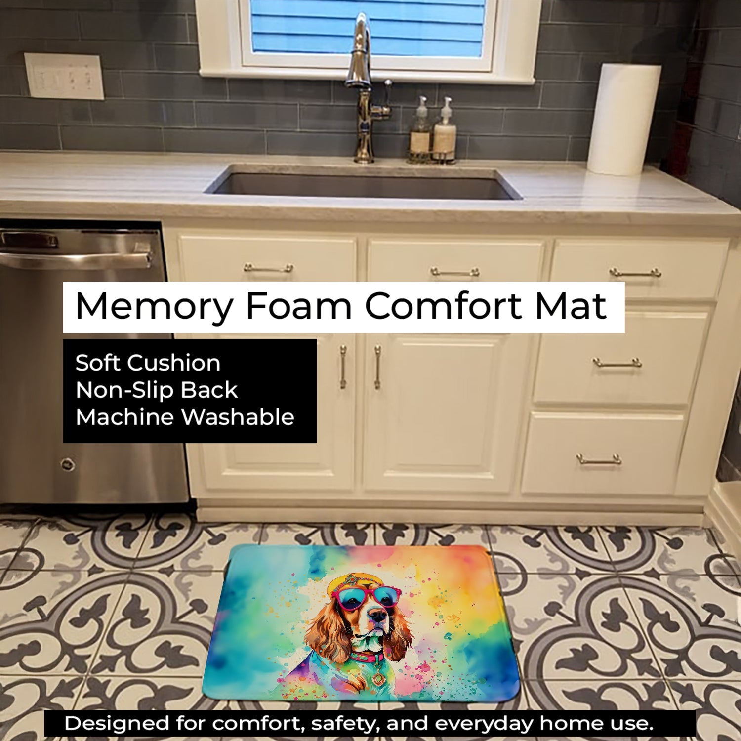 Cavalier Spaniel Hippie Dawg Memory Foam Kitchen Mat Machine Washable Anti-Fatigue Cushion Comfort Bath or Kitchen Rug