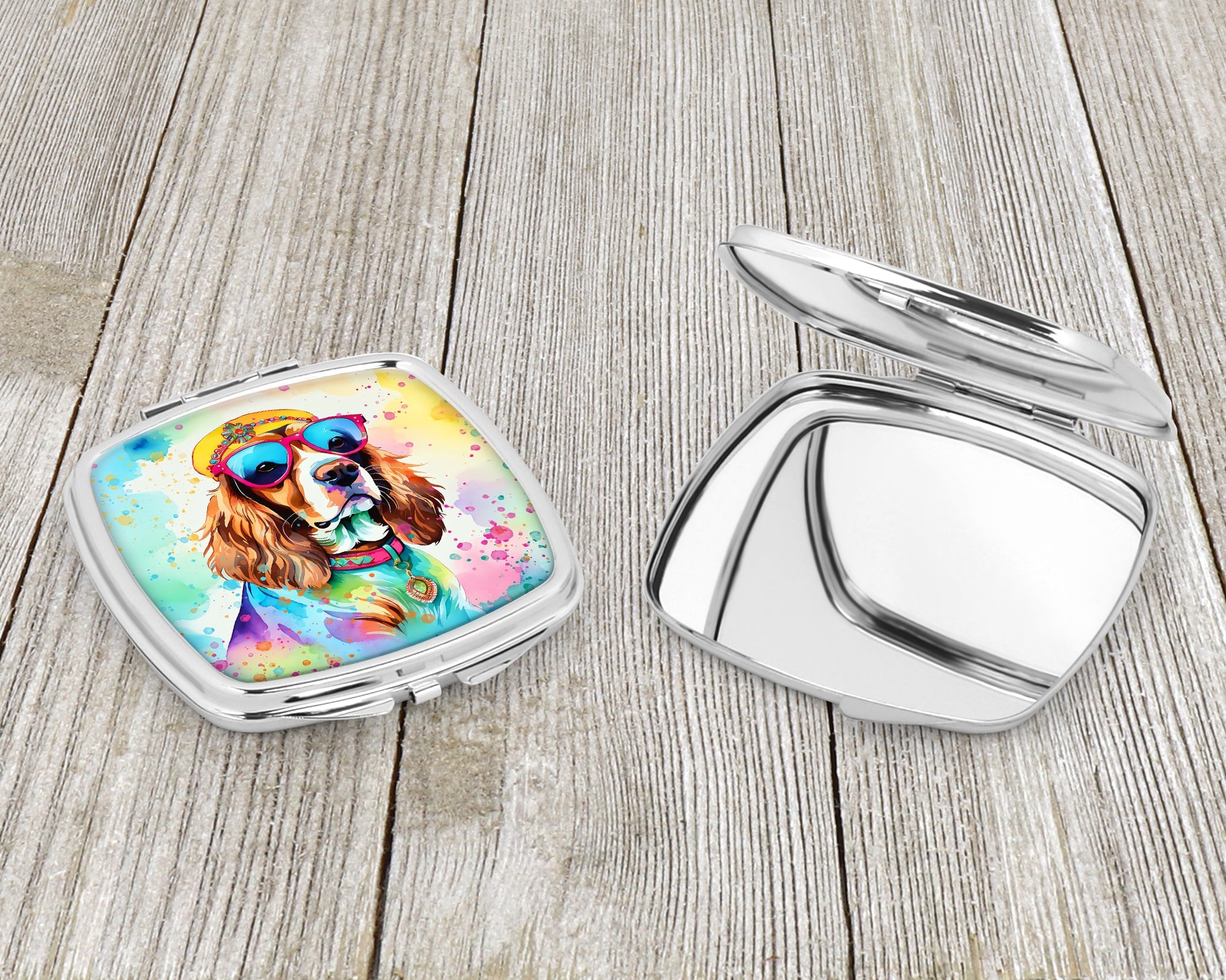 Cavalier Spaniel Hippie Dawg Compact Mirror Decorative Travel Makeup Mirror for Women Girls Gifts Pocket Makeup Mirror Folding Handheld