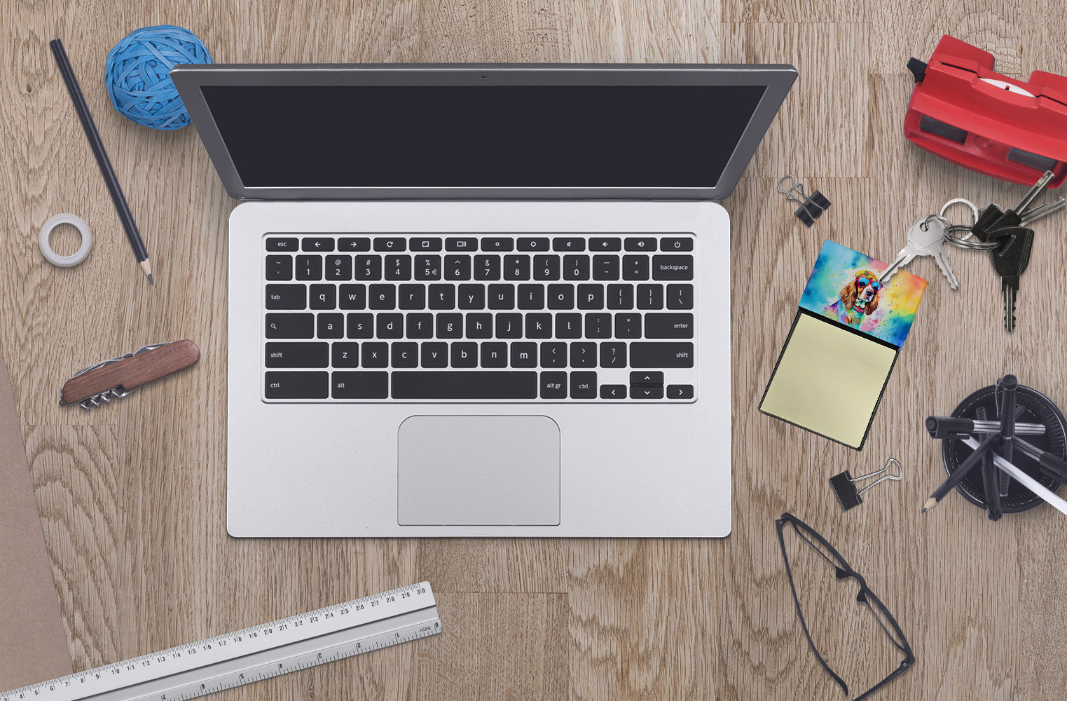 Cavalier Spaniel Hippie Dawg Watercolor Sticky Note Holder Refillable Dispenser Desk Accessory 3x3 Pad Gift