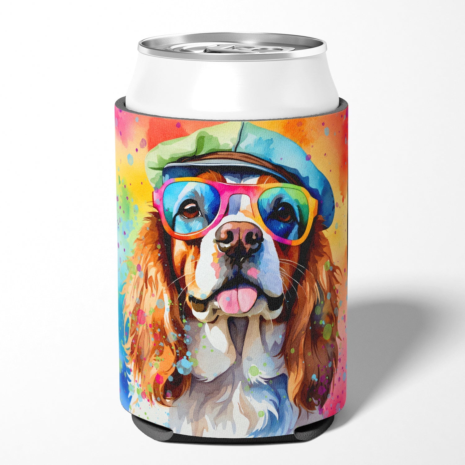 Cavalier Spaniel Hippie Dawg Can or Bottle Hugger Cooler Sleeve for Standard 12 oz Cans, Insulated Foam Beer & Soda Can Hugger Reusable
