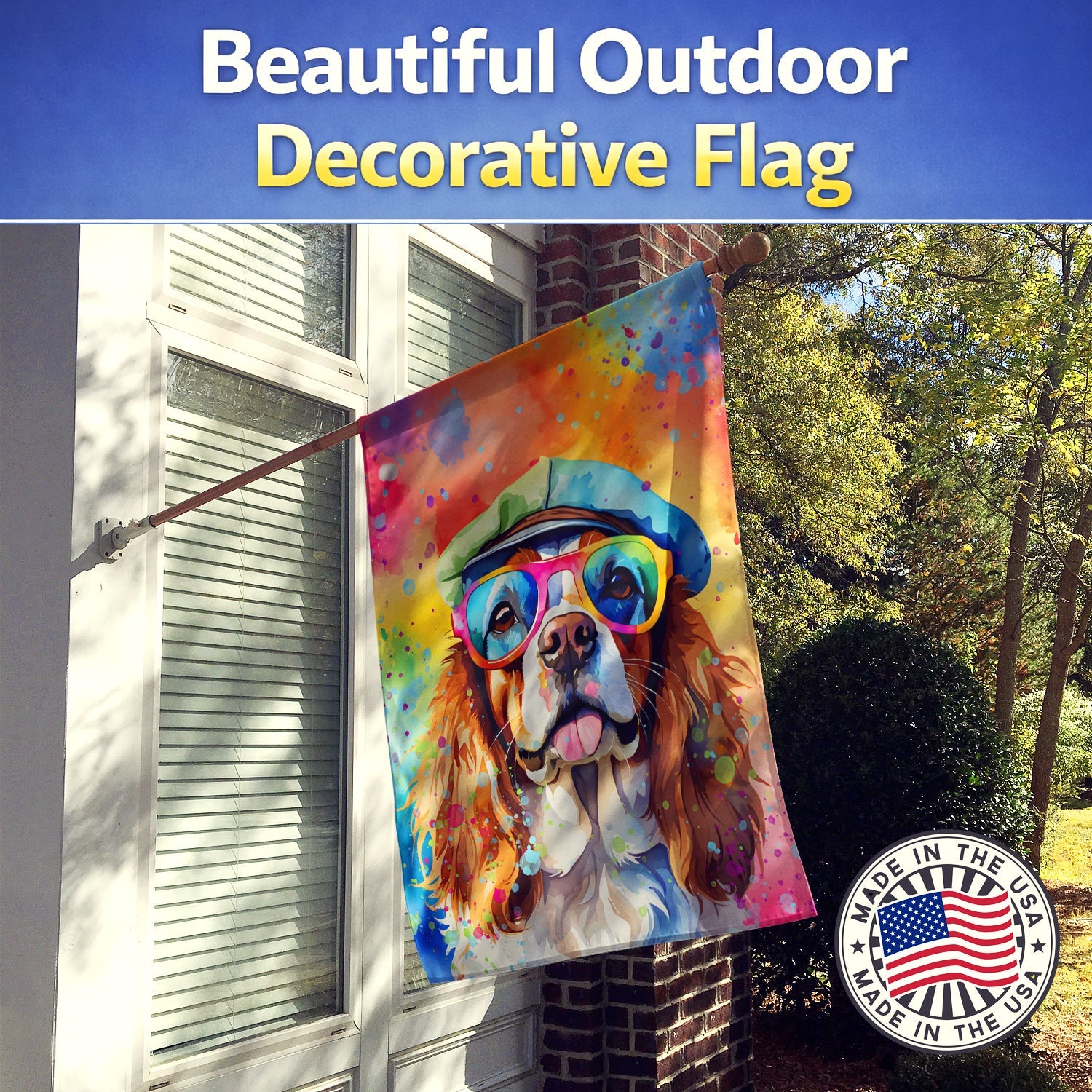 Cavalier Spaniel Hippie Dawg House Flag 28x40 Porch Sleeve Pole Decorative Outside Yard Banner Artwork Wall Hanging, Polyester