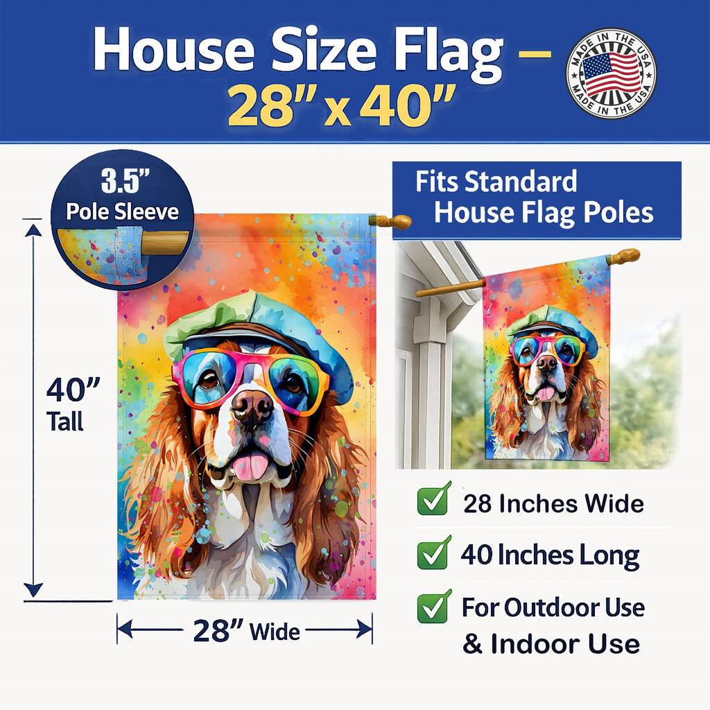 Cavalier Spaniel Hippie Dawg House Flag 28x40 Porch Sleeve Pole Decorative Outside Yard Banner Artwork Wall Hanging, Polyester