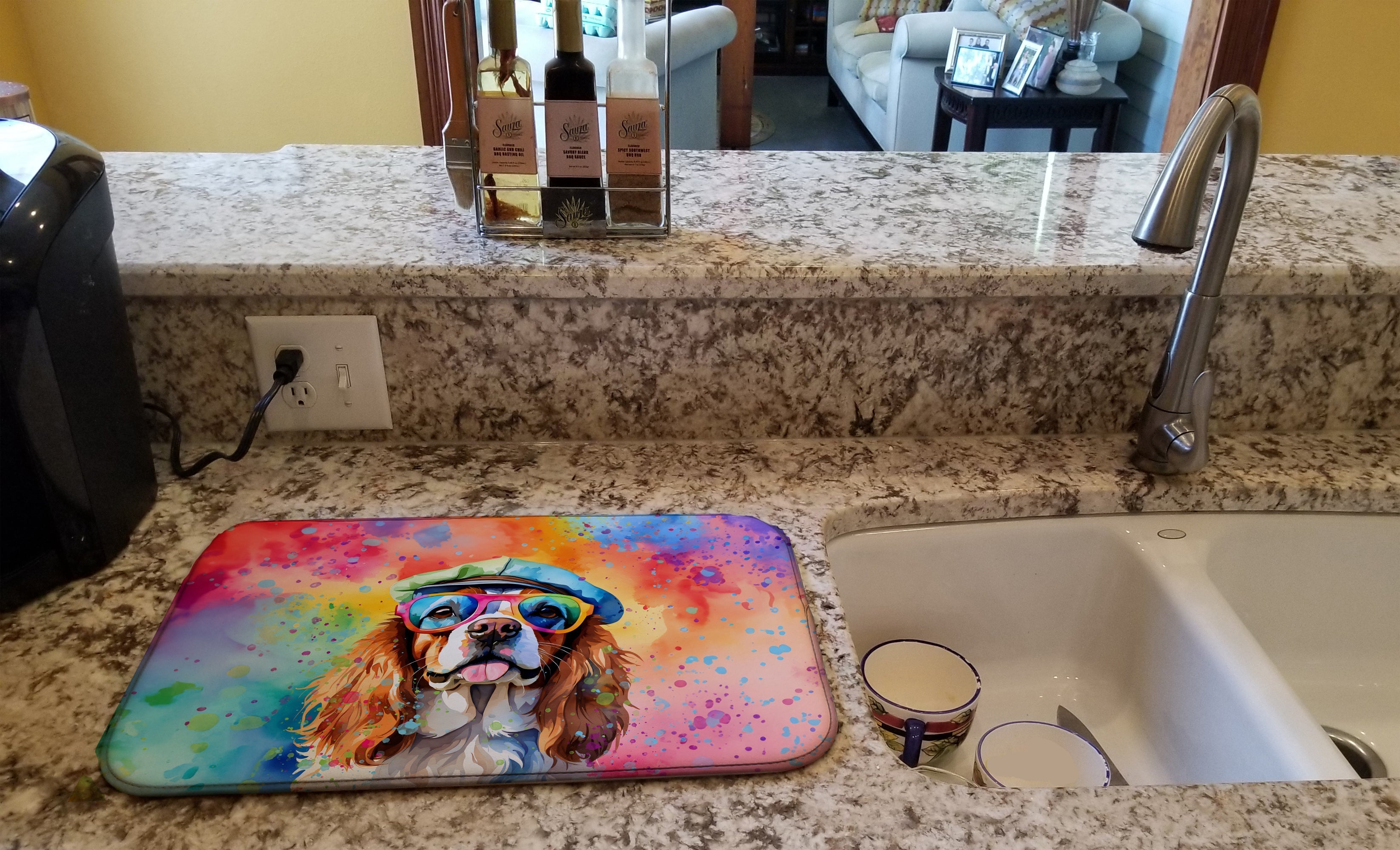 Cavalier Spaniel Hippie Dawg Dish Drying Mat Absorbent Dish Drying Mat Pad for Kitchen Counter Dish Drainer Mat for Countertop, 14 x 21", Multicolor