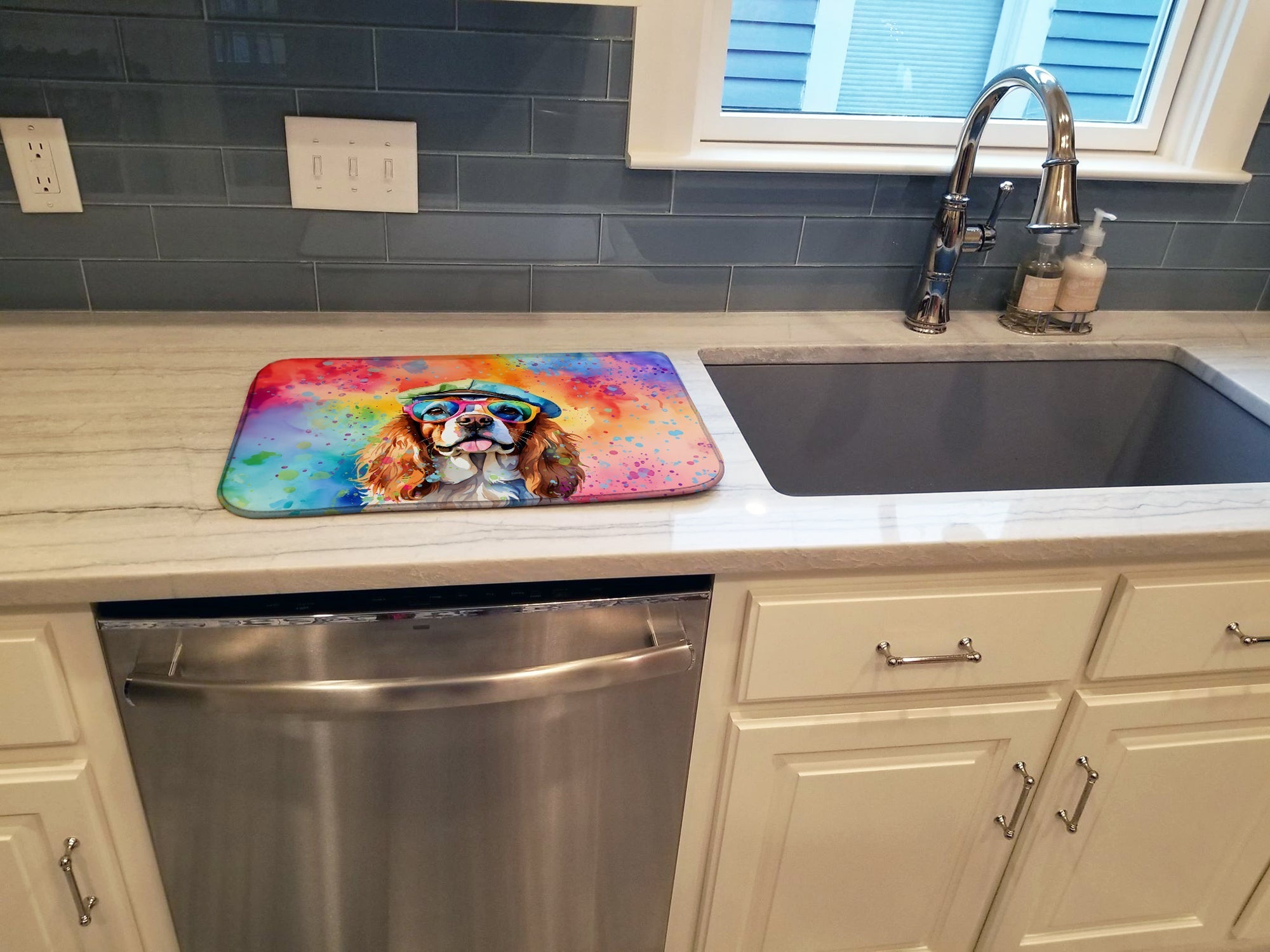Cavalier Spaniel Hippie Dawg Dish Drying Mat Absorbent Dish Drying Mat Pad for Kitchen Counter Dish Drainer Mat for Countertop, 14 x 21", Multicolor