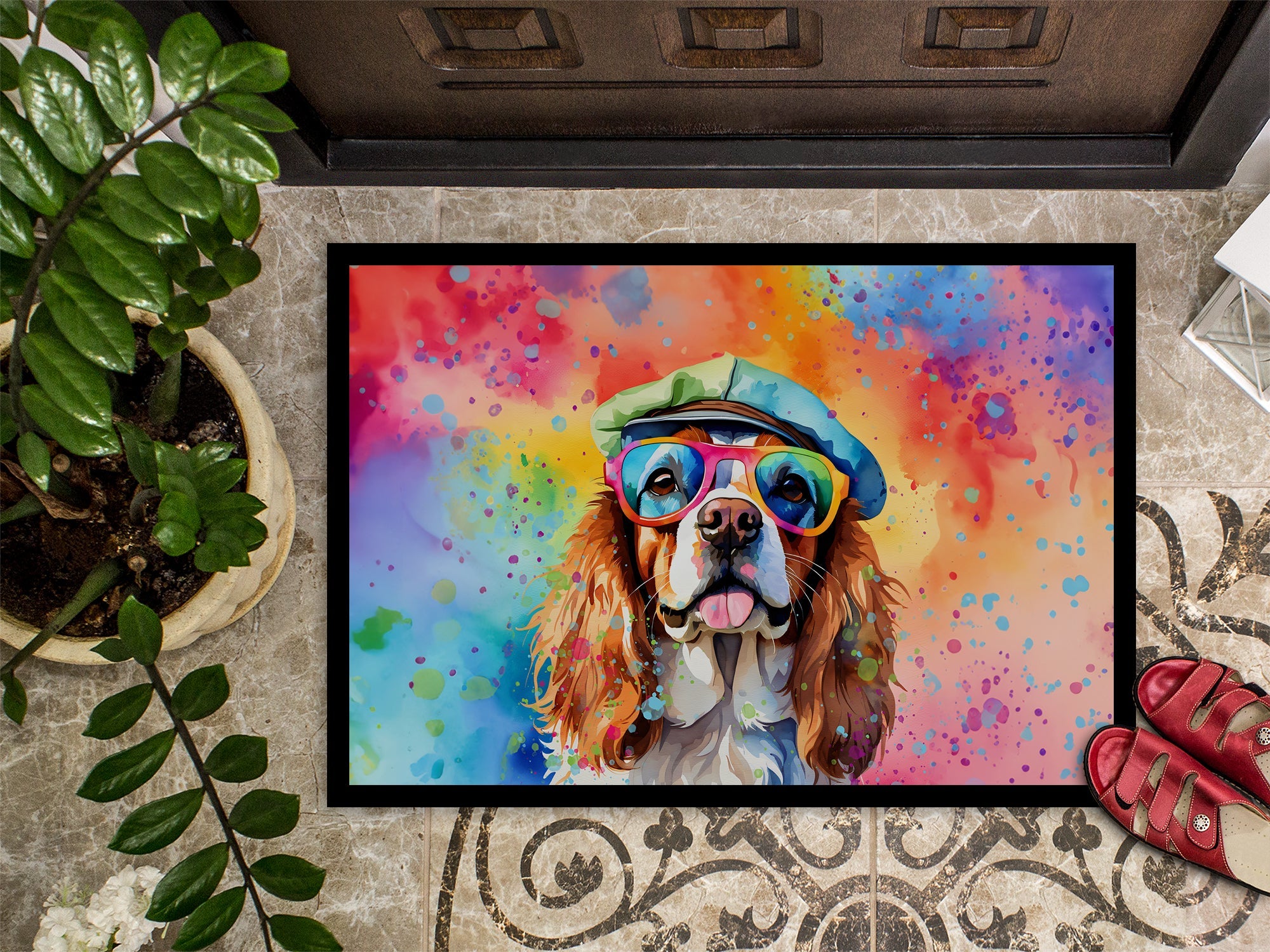 Cavalier Spaniel Hippie Dawg Doormat Indoor Outdoor 24H X 36W Front Door Mat Rugs for Entryway, Non Slip Washable Low Pile,