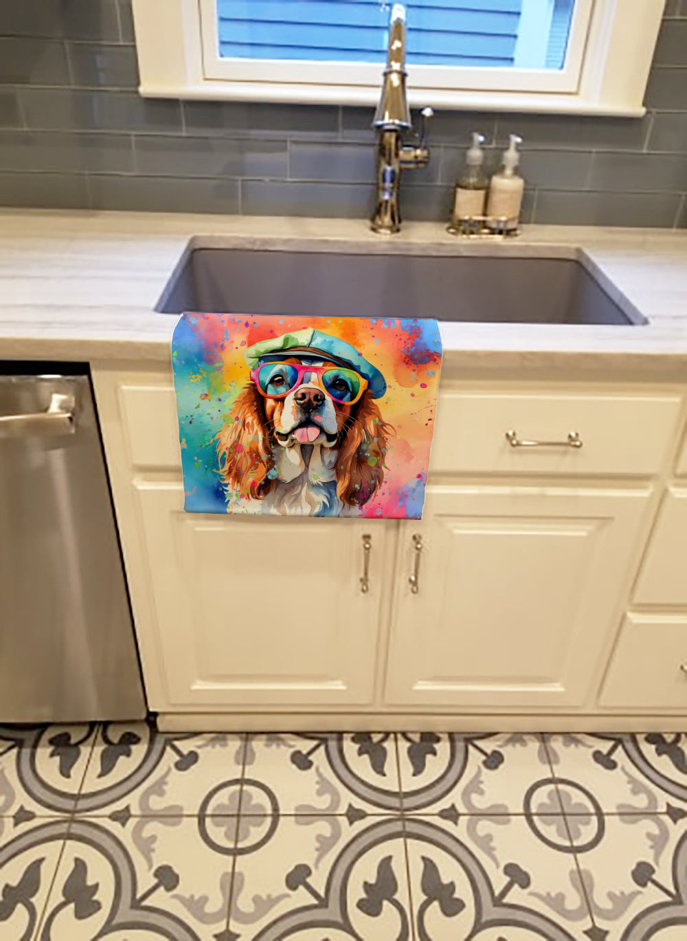 Cavalier Spaniel Hippie Dawg Kitchen Towel Velour Plush Front and Cotton Loop Back Machine Washable