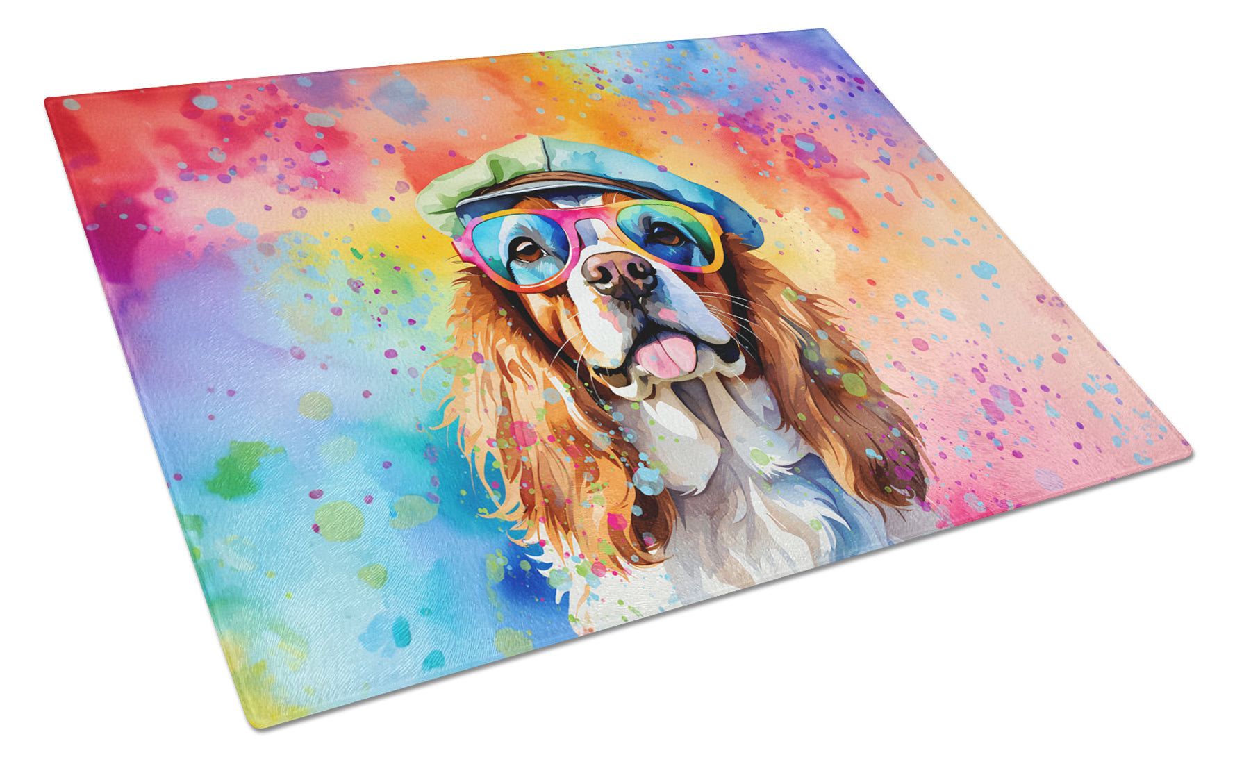 Cavalier Spaniel Hippie Dawg Cutting Board Tempered Glass Kitchen Cutting Surface, Heat Resistant Chopping, Non-Slip Feet, Food Prep & Serving