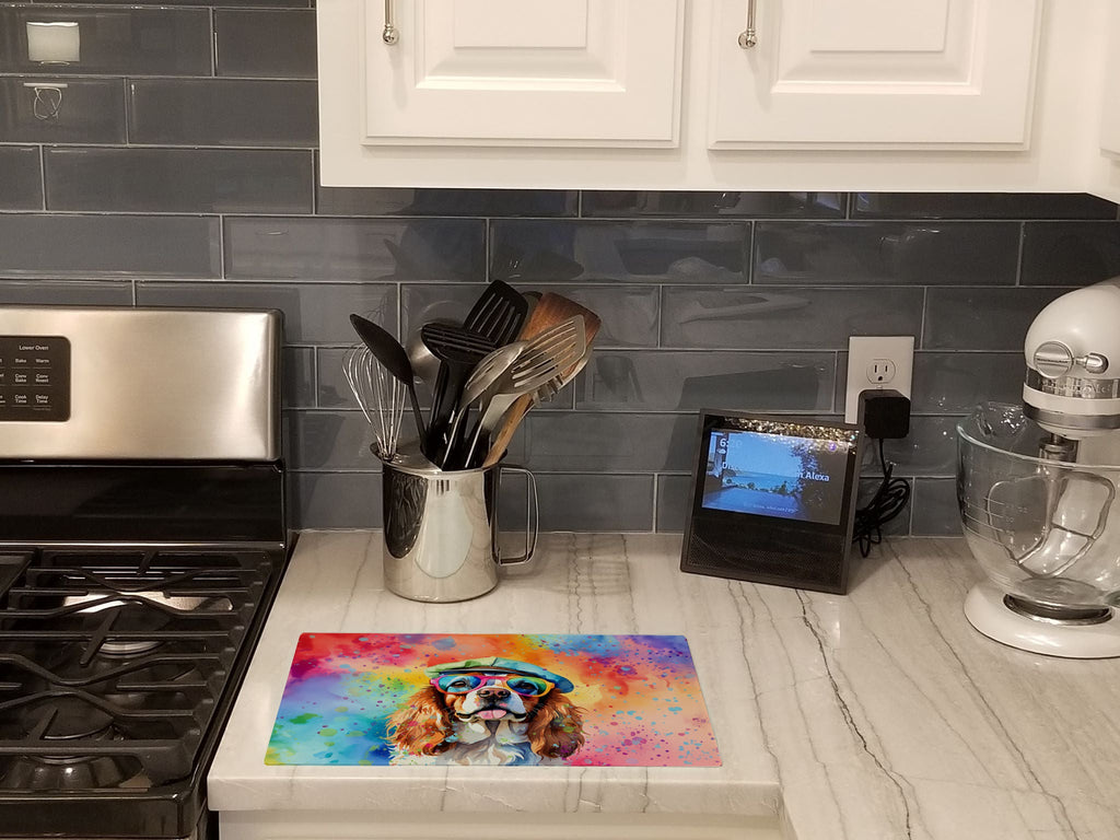 Cavalier Spaniel Hippie Dawg Cutting Board Tempered Glass Kitchen Cutting Surface, Heat Resistant Chopping, Non-Slip Feet, Food Prep & Serving