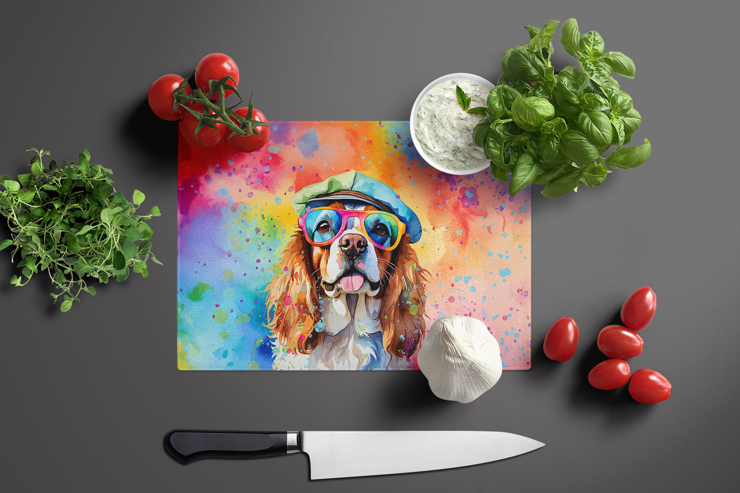 Cavalier Spaniel Hippie Dawg Cutting Board Tempered Glass Kitchen Cutting Surface, Heat Resistant Chopping, Non-Slip Feet, Food Prep & Serving