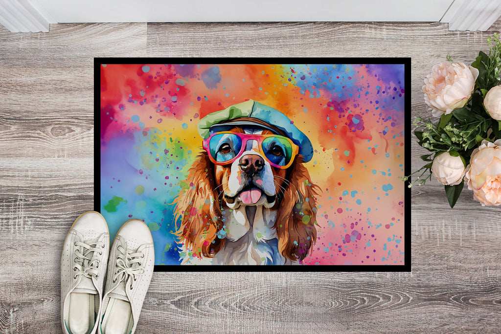 Cavalier Spaniel Hippie Dawg Doormat Indoor Outdoor 18H X 27W Front Door Mat Rugs for Entryway, Non Slip Washable
