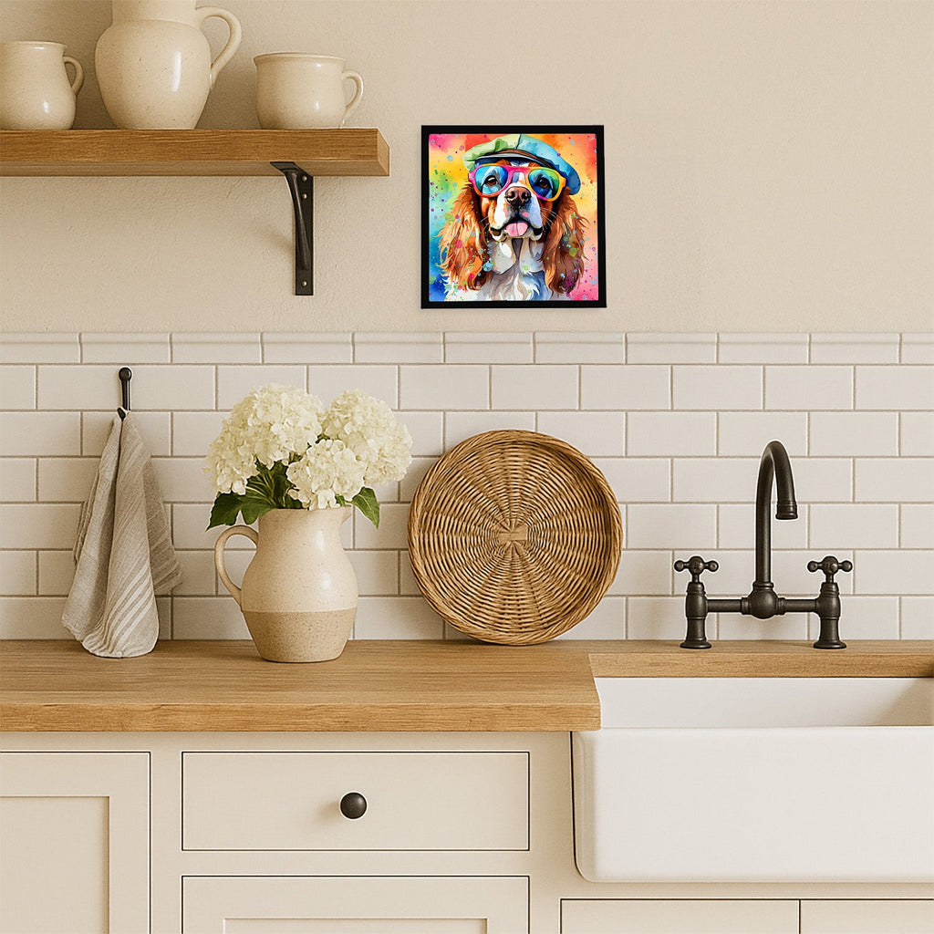 Cavalier Spaniel Hippie Dawg Framed Metal Print Bathroom, Kitchen, Office, Home Decor Wall Art Ready to Hang, Square, 8X8