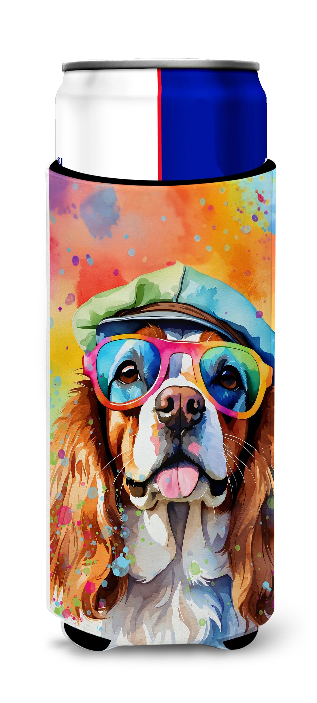 Cavalier Spaniel Hippie Dawg Slim Can Hugger , Insulated Foam Hugger for 12 oz Slim Cans, Beer Bottles & Water Bottles, Printed in USA