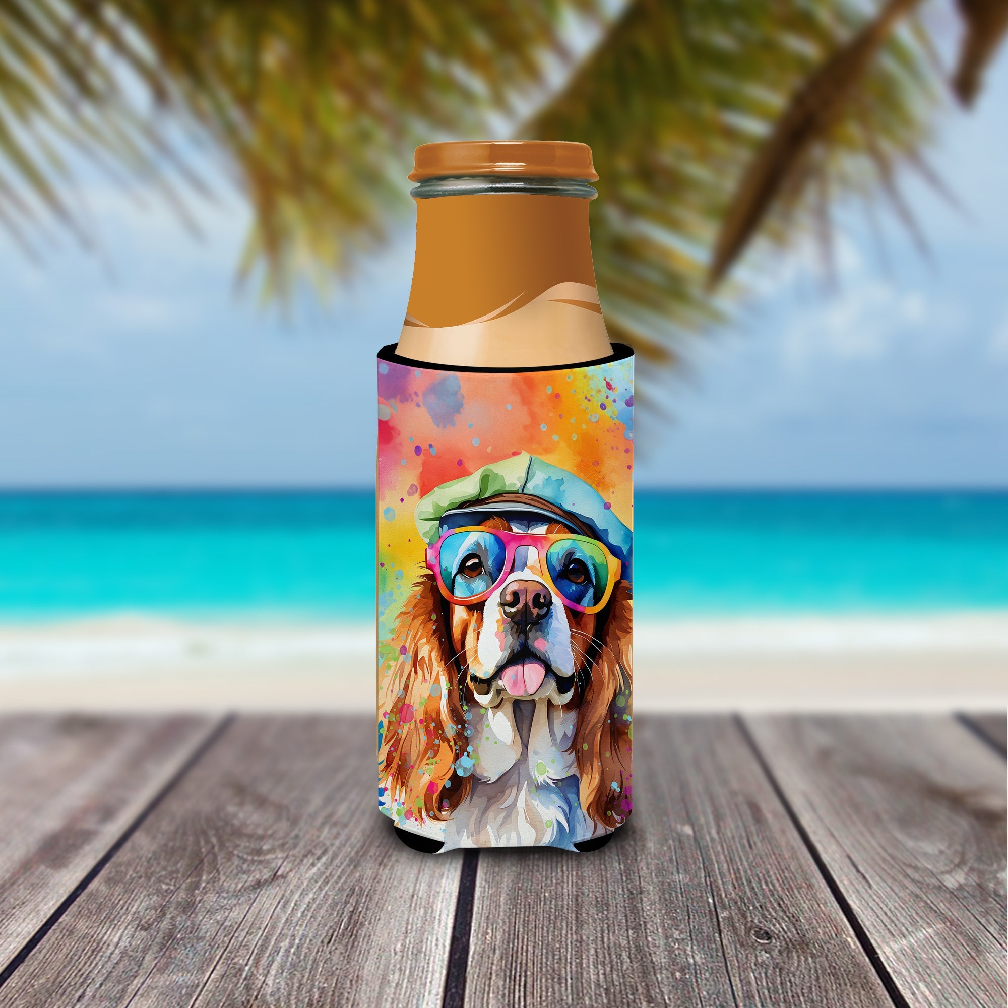 Cavalier Spaniel Hippie Dawg Slim Can Hugger , Insulated Foam Hugger for 12 oz Slim Cans, Beer Bottles & Water Bottles, Printed in USA