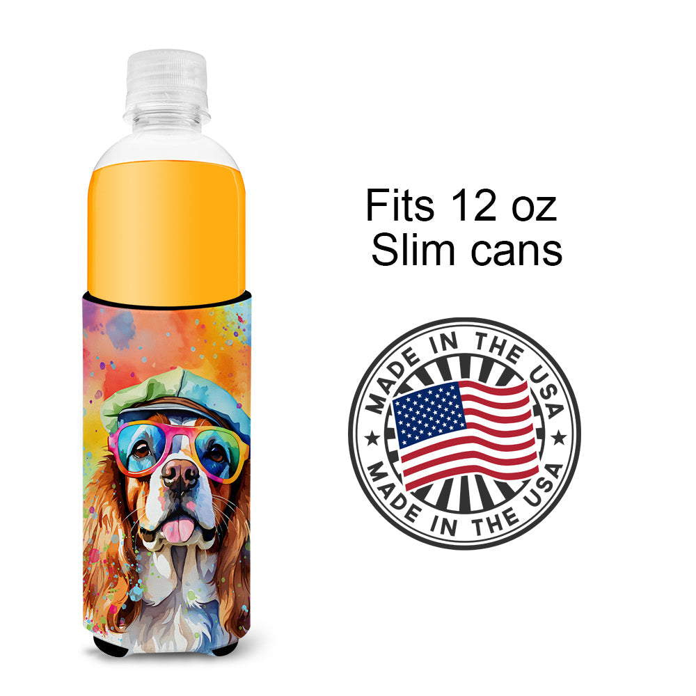 Cavalier Spaniel Hippie Dawg Slim Can Hugger , Insulated Foam Hugger for 12 oz Slim Cans, Beer Bottles & Water Bottles, Printed in USA
