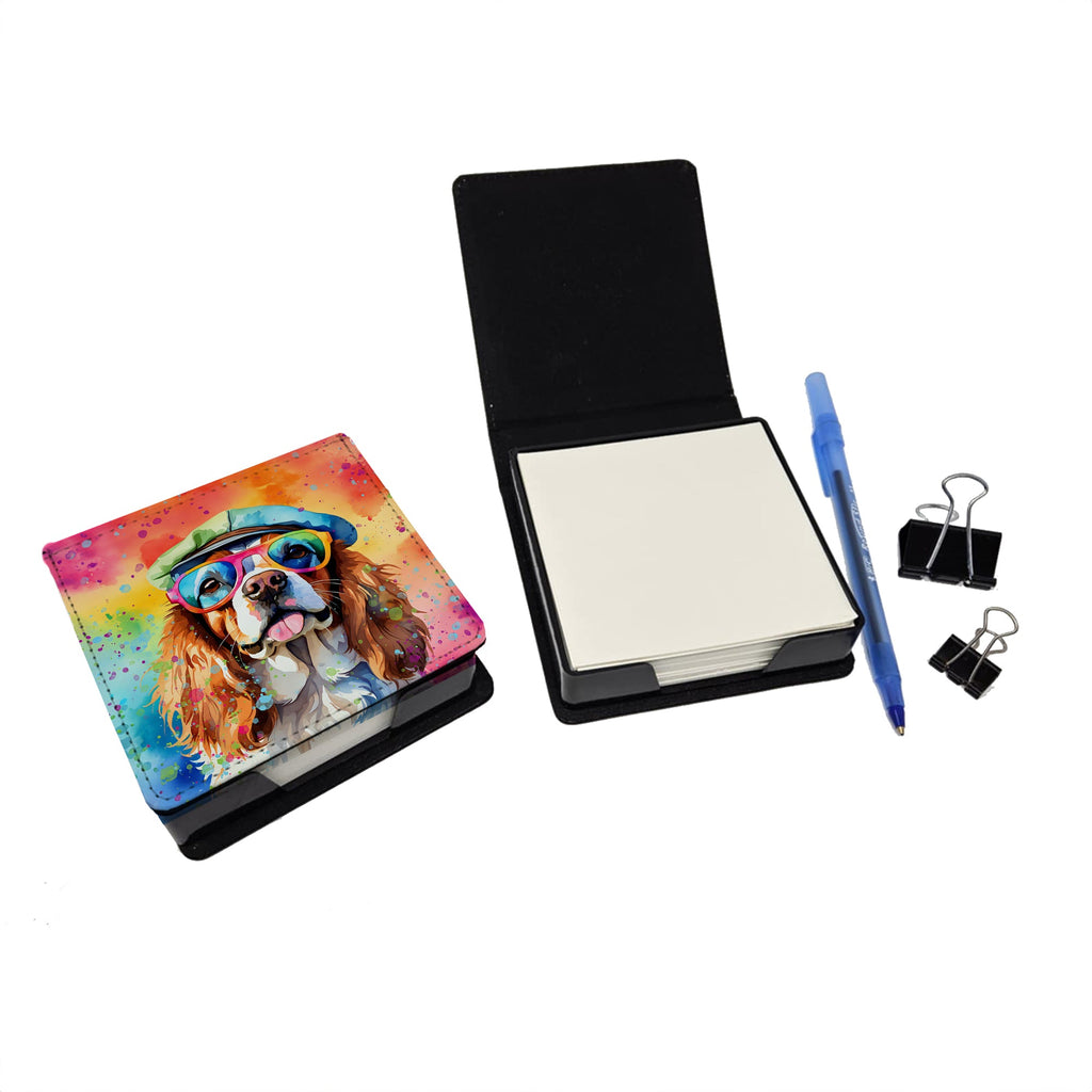 Cavalier Spaniel Hippie Dawg PU Leather Note Paper Holder with Artist-Designed Cover, Desk Accessory, Office Gift