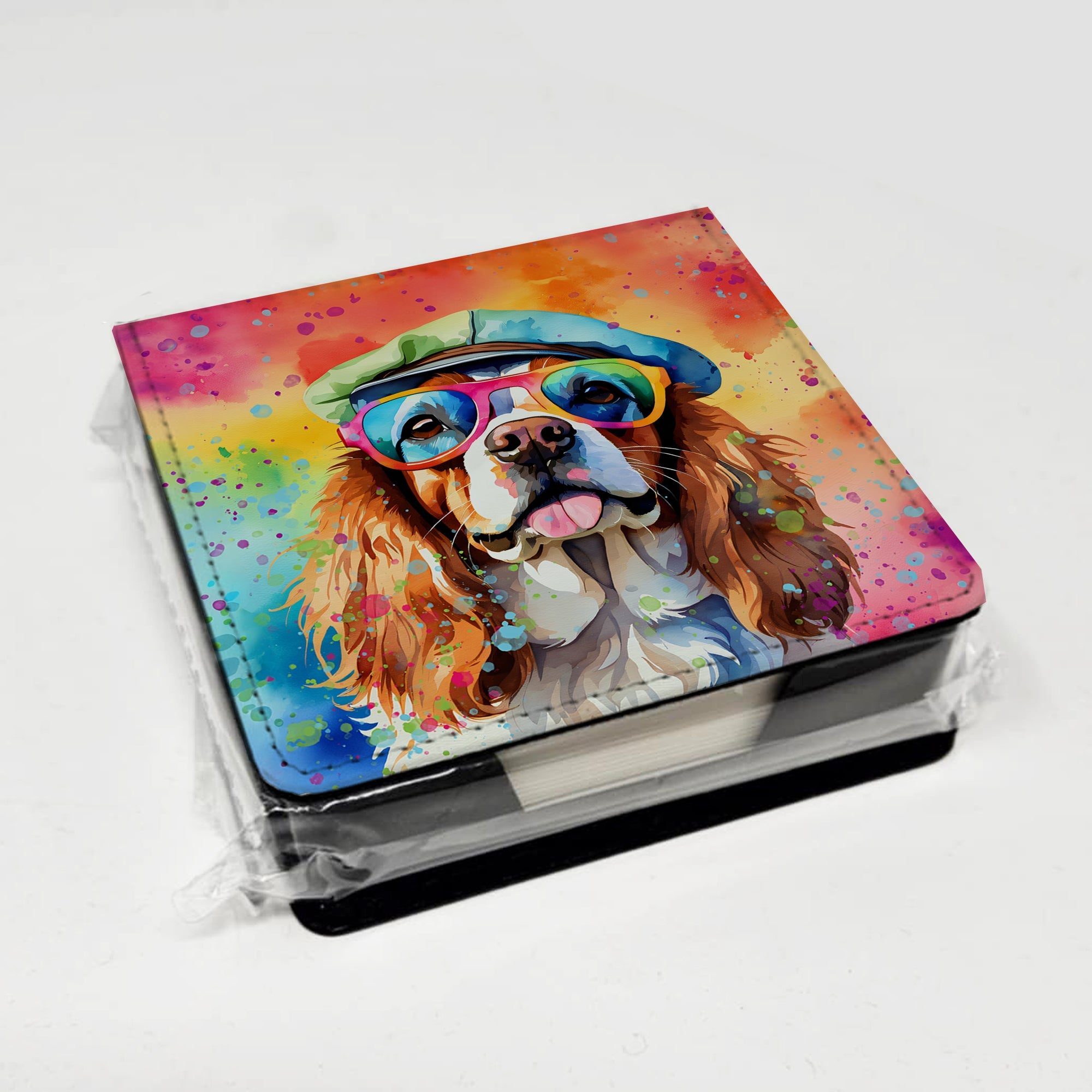 Cavalier Spaniel Hippie Dawg PU Leather Note Paper Holder with Artist-Designed Cover, Desk Accessory, Office Gift