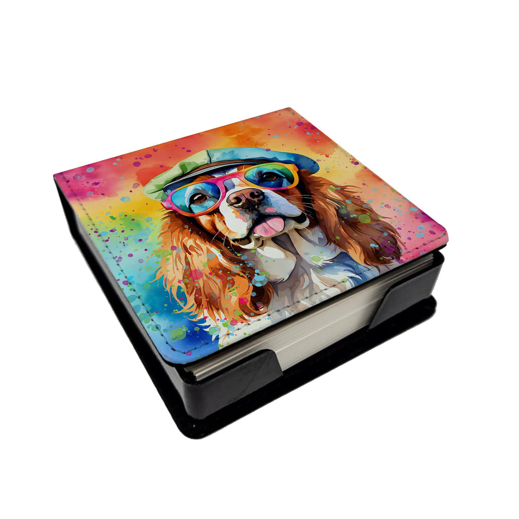 Cavalier Spaniel Hippie Dawg PU Leather Note Paper Holder with Artist-Designed Cover, Desk Accessory, Office Gift