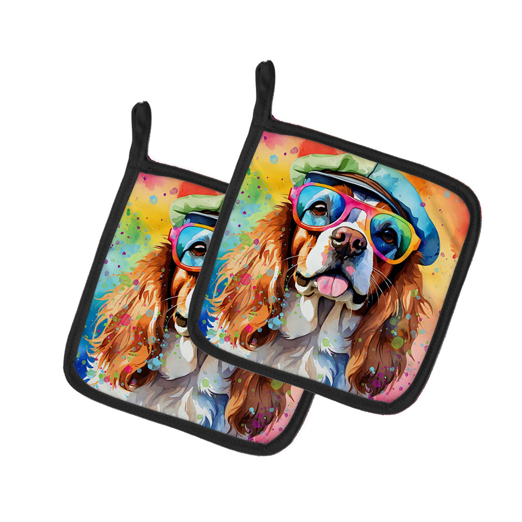 Cavalier Spaniel Hippie Dawg Pot Holder Set of 2 Heat Resistant Quilted Hot Pads 7.5 x 7.5 Inch, Insulated Kitchen Trivets for Cooking & Baking