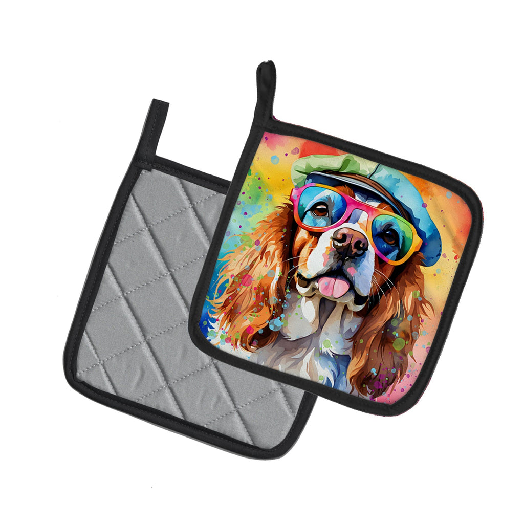 Cavalier Spaniel Hippie Dawg Pot Holder Set of 2 Heat Resistant Quilted Hot Pads 7.5 x 7.5 Inch, Insulated Kitchen Trivets for Cooking & Baking