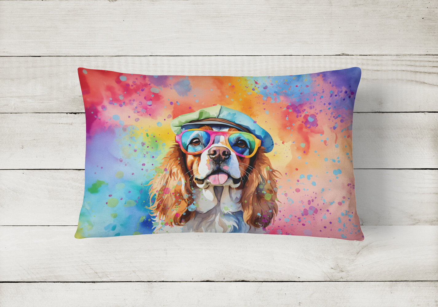 Cavalier Spaniel Hippie Dawg Decorative Throw Pillow 12x16 Indoor Outdoor Accent Cushion, Fabric Cover with Insert for Sofa, Bed, Porch & Living Room
