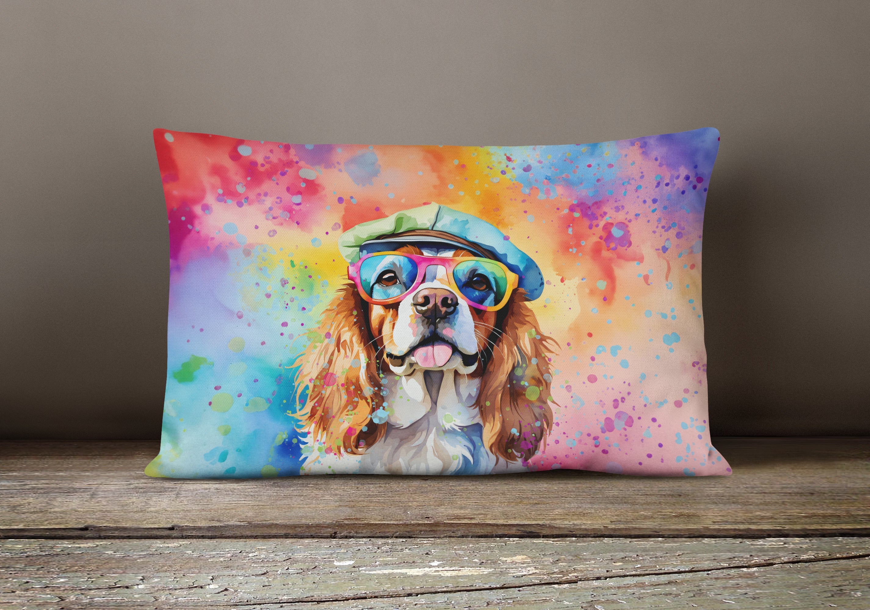 Cavalier Spaniel Hippie Dawg Decorative Throw Pillow 12x16 Indoor Outdoor Accent Cushion, Fabric Cover with Insert for Sofa, Bed, Porch & Living Room