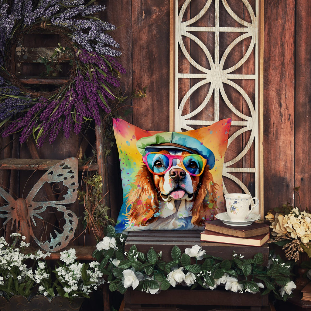 Cavalier Spaniel Hippie Dawg Decorative Throw Pillow 14x14 Indoor Outdoor Accent Cushion, Fabric Cover with Insert for Sofa, Bed, Porch & Living Room