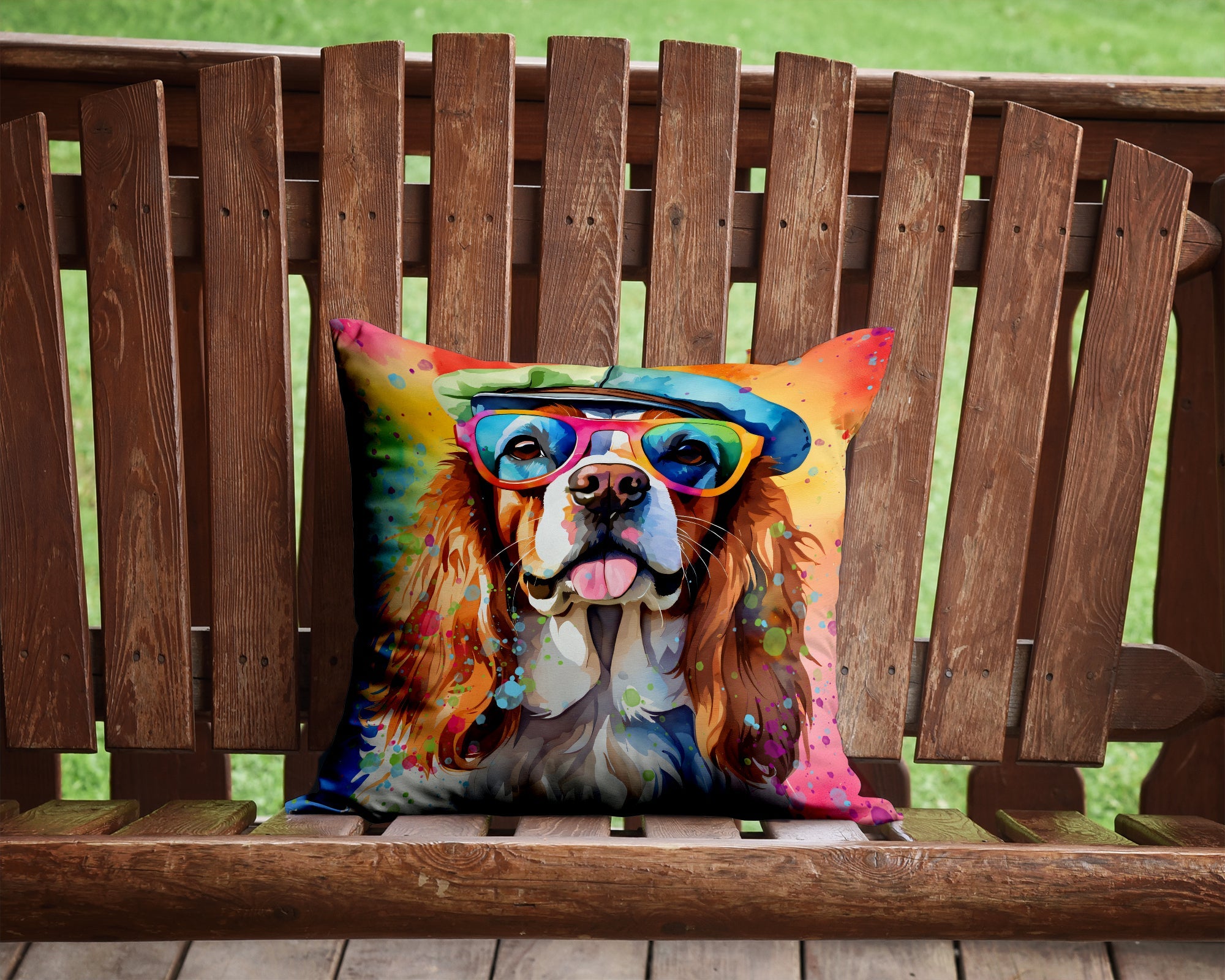Cavalier Spaniel Hippie Dawg Decorative Throw Pillow 14x14 Indoor Outdoor Accent Cushion, Fabric Cover with Insert for Sofa, Bed, Porch & Living Room