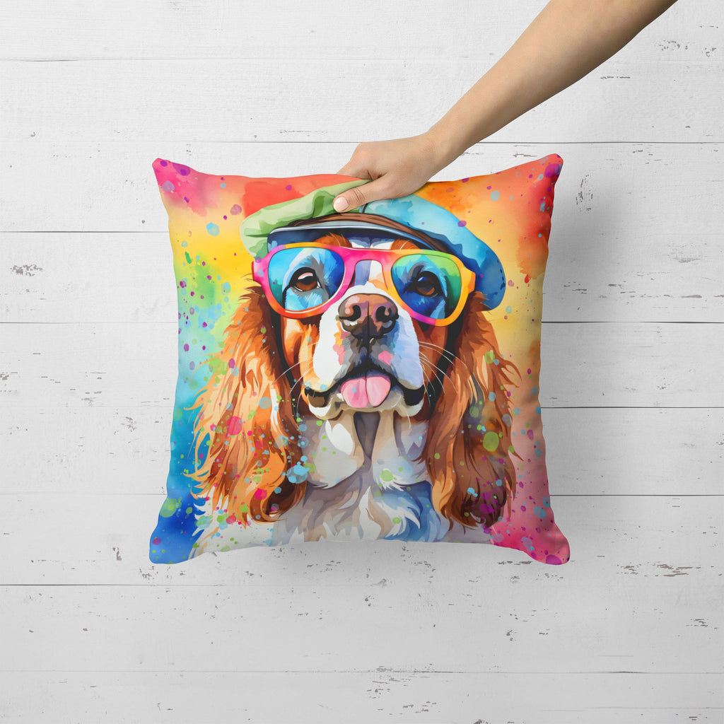 Cavalier Spaniel Hippie Dawg Decorative Throw Pillow 18x18 Indoor Outdoor Accent Cushion, Fabric Cover with Insert for Sofa, Bed, Porch & Living Room