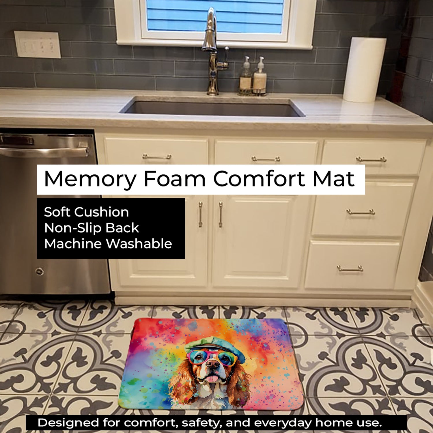 Cavalier Spaniel Hippie Dawg Memory Foam Kitchen Mat Machine Washable Anti-Fatigue Cushion Comfort Bath or Kitchen Rug