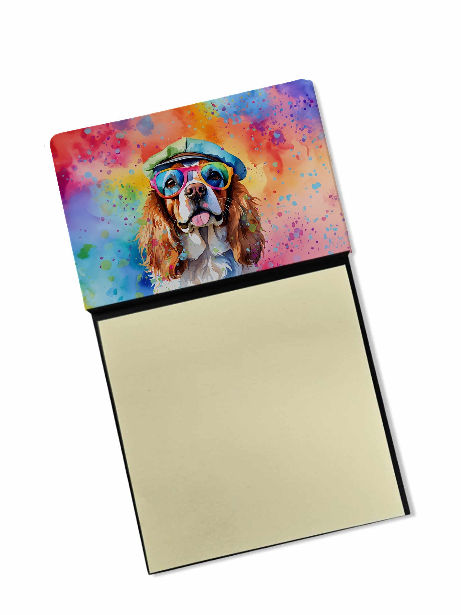 Cavalier Spaniel Hippie Dawg Watercolor Sticky Note Holder Refillable Dispenser Desk Accessory 3x3 Pad Gift