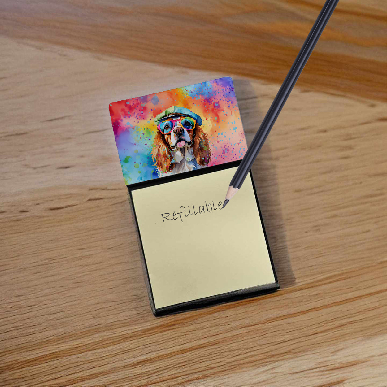 Cavalier Spaniel Hippie Dawg Watercolor Sticky Note Holder Refillable Dispenser Desk Accessory 3x3 Pad Gift