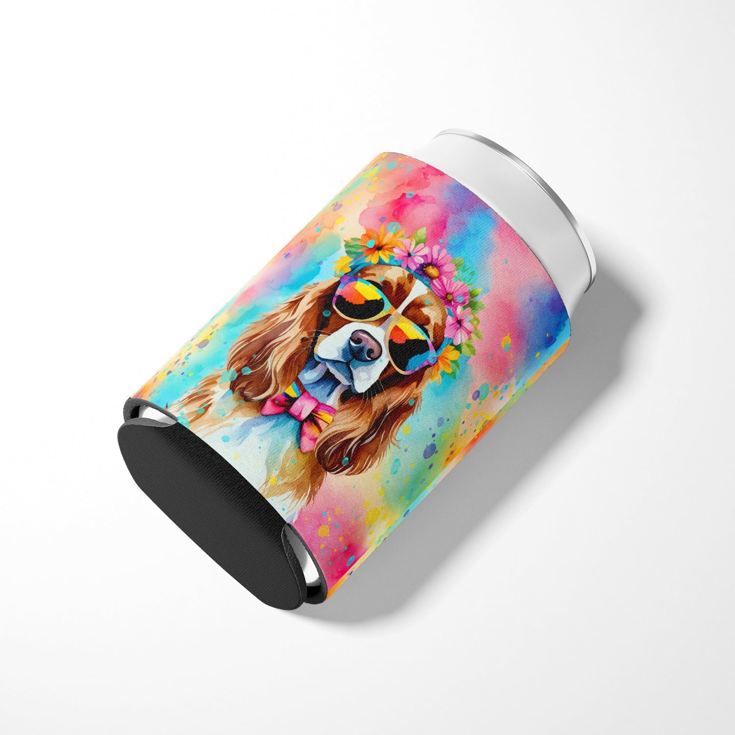 Cavalier Spaniel Hippie Dawg Can or Bottle Hugger Cooler Sleeve for Standard 12 oz Cans, Insulated Foam Beer & Soda Can Hugger Reusable